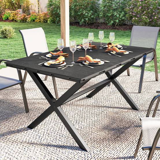 Table à manger de jardin pour 6 personnes, surface HDPE lattes, structure métallique 150x90x74 cm noir - Image 10