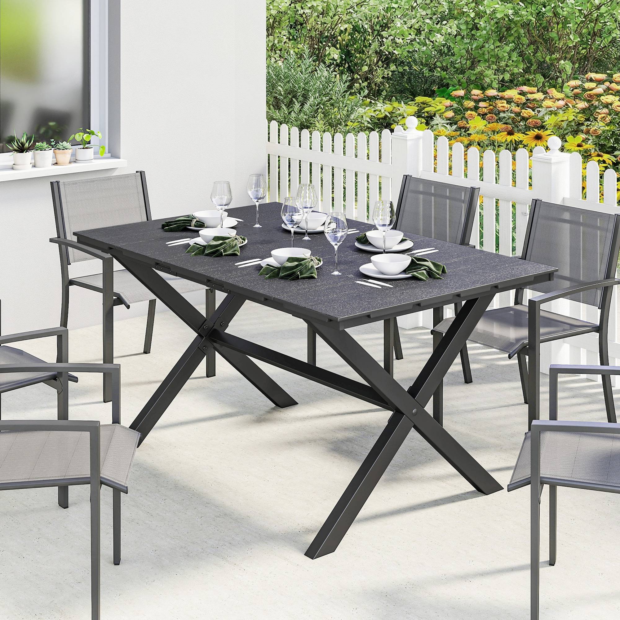 Table à manger de jardin pour 6 personnes, surface HDPE lattes, structure métallique 150x90x74 cm noir - Image 3