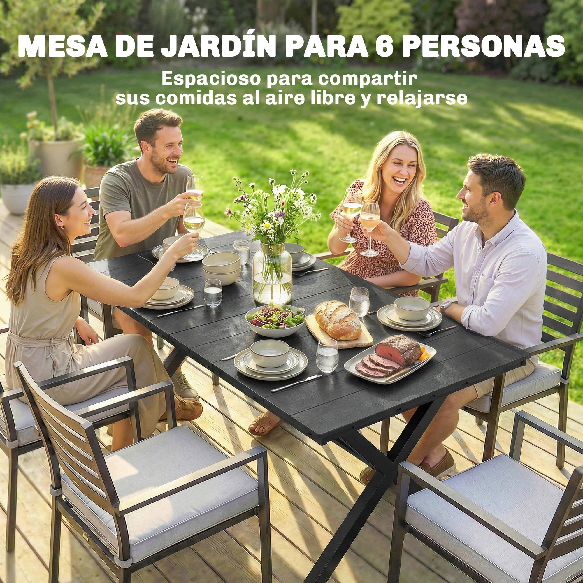 Table à manger de jardin pour 6 personnes, surface HDPE lattes, structure métallique 150x90x74 cm noir - Image 6