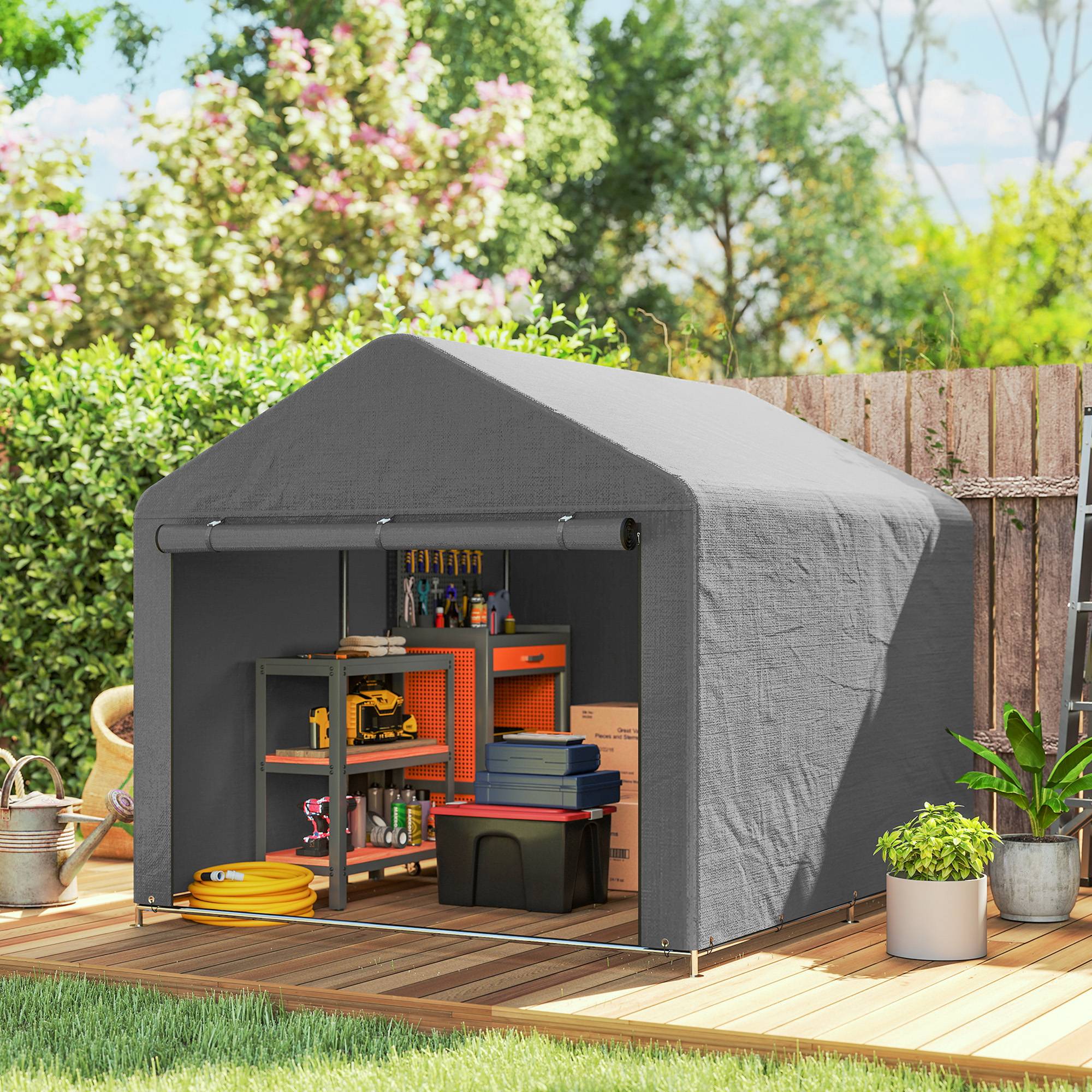Abri de jardin pour vélo avec structure en métal galvanisé, porte zippée, imperméable, résistant aux UV, 2,4 x 2 x 2 m, gris - Image 3