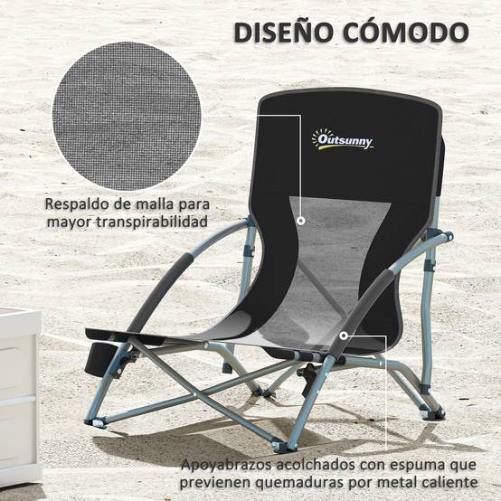 Lot de 2 chaises de plage pliantes et légères avec dossier en maille, accoudoirs et sac de rangement, 58 x 55 x 62 cm, noires - Image 7