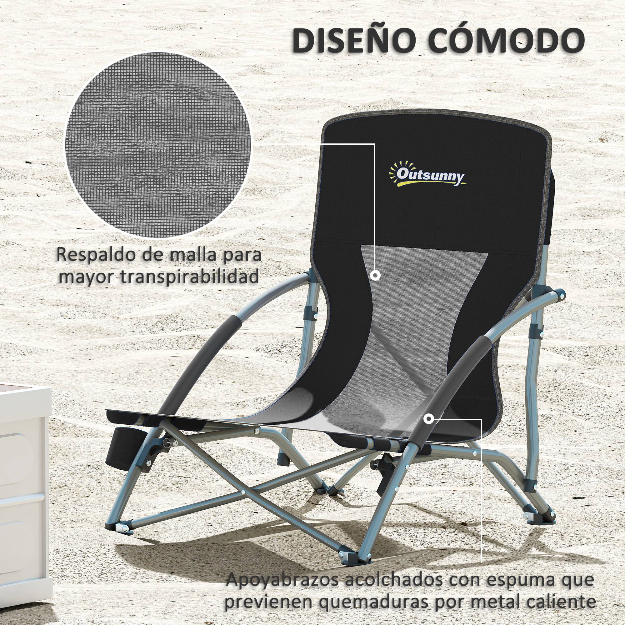 Lot de 2 chaises de plage pliantes et légères avec dossier en maille, accoudoirs et sac de rangement, 58 x 55 x 62 cm, noires - Image 7