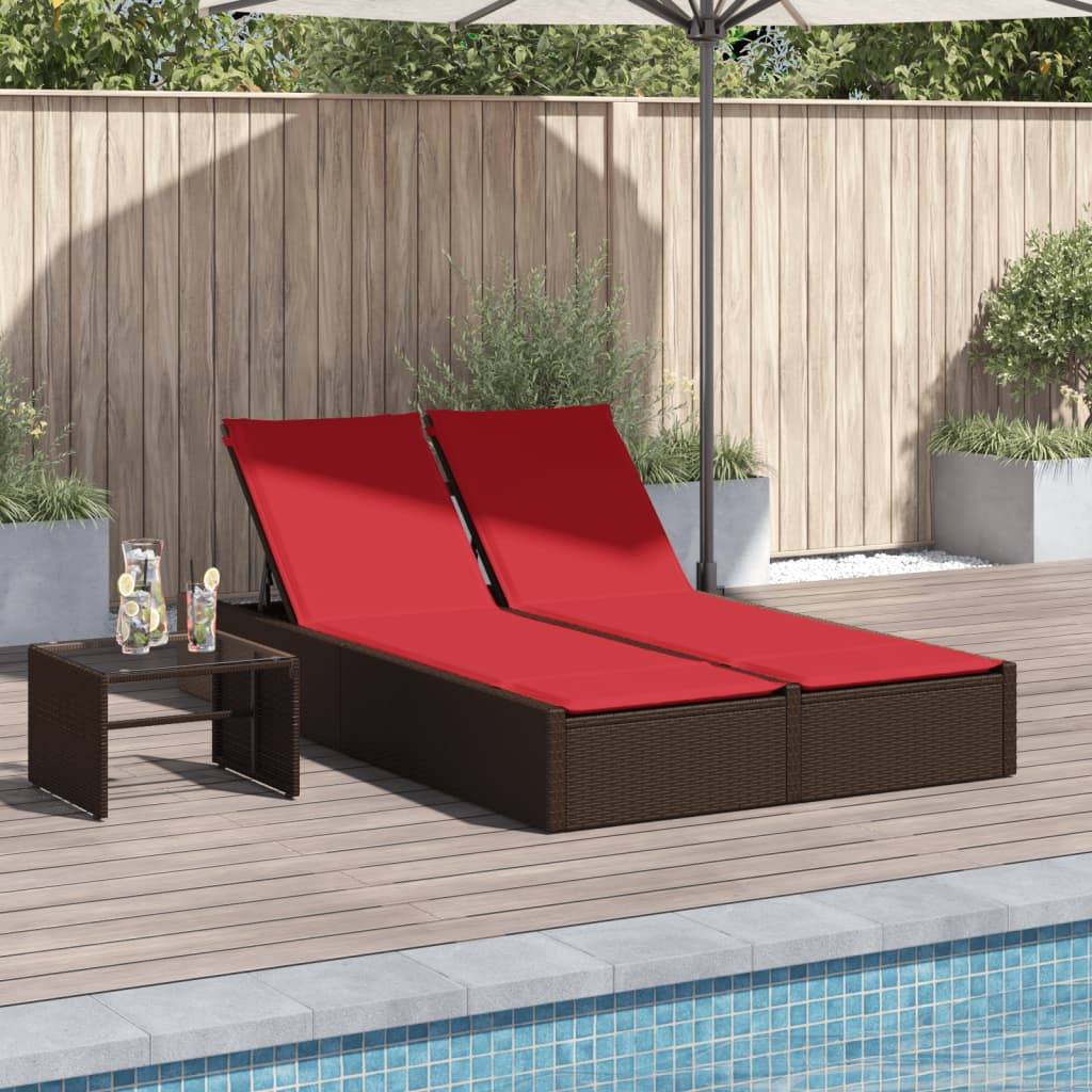 Chaise longue double avec coussins marron résine tressée 123 x 200 x 28/46/61/72 cm, Poids :27.8kg - PANGIVO - Image 1