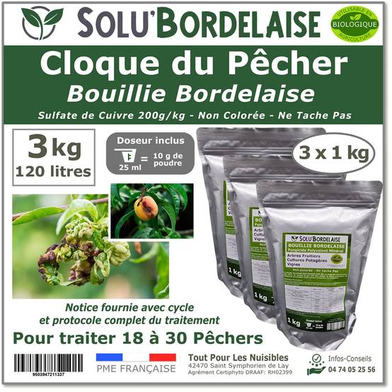 Solu'Bordelaise - Cloque du Pêcher - 3 kg de Bouillie Bordelaise Non Colorée - Polyvalent-Sulfate de Cuivre 200 g/kg - Doseur Inclus - Image 1