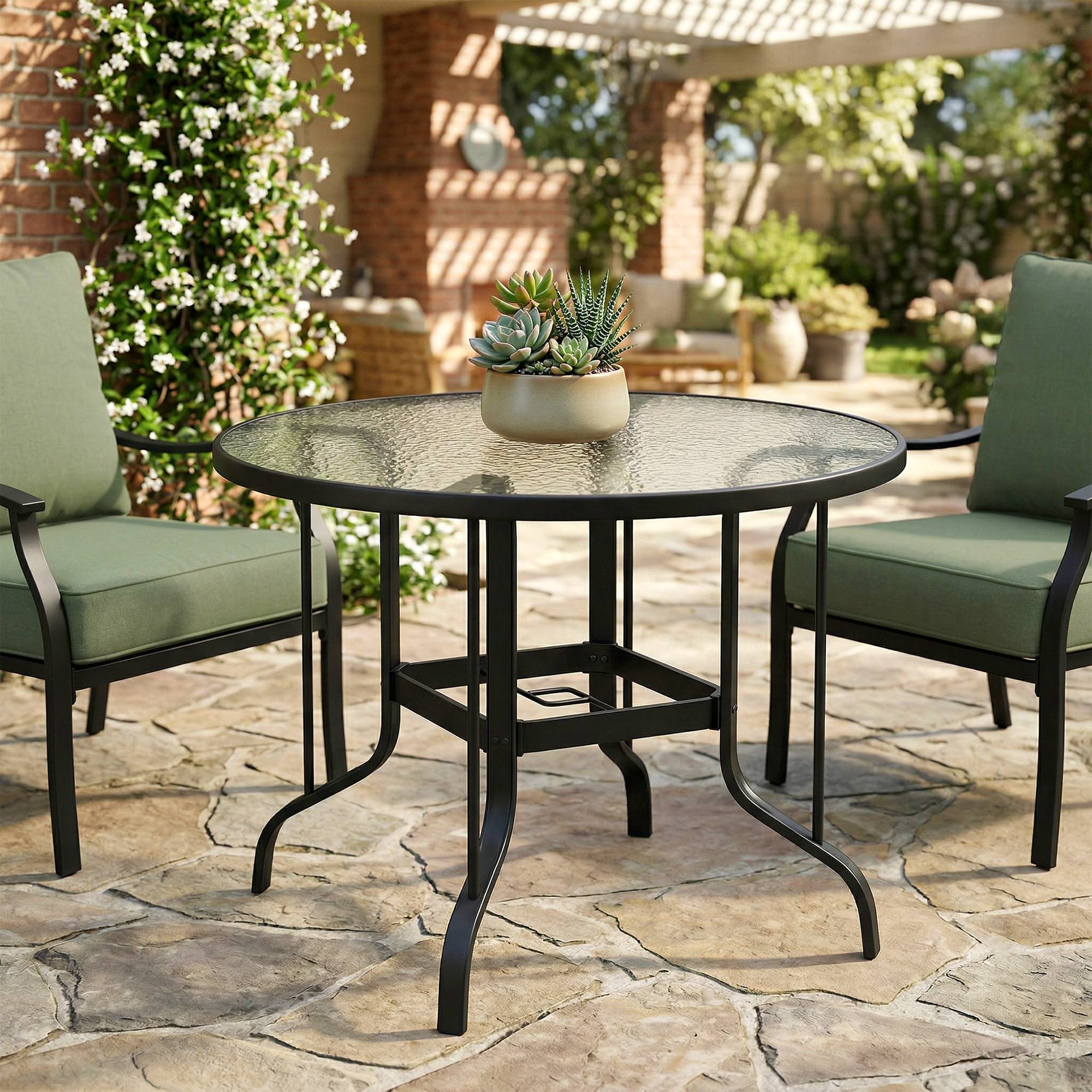 ComfortXL - Table de Jardin Ronde Métal Verre Repas Extérieur Trou Parasol Ø96.5cm Noir - ComfortXL Outdoor Living - Image 10