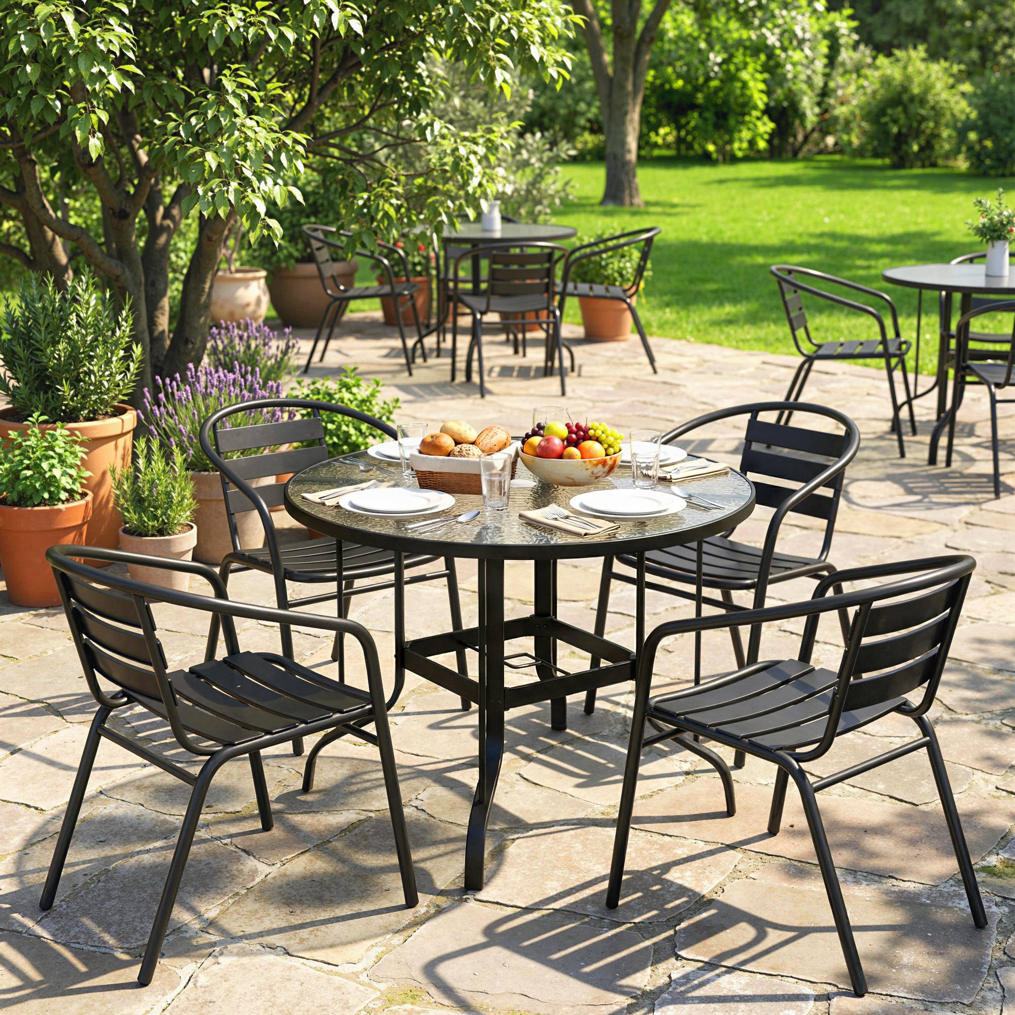 ComfortXL - Table de Jardin Ronde Métal Verre Repas Extérieur Trou Parasol Ø96.5cm Noir - ComfortXL Outdoor Living - Image 3