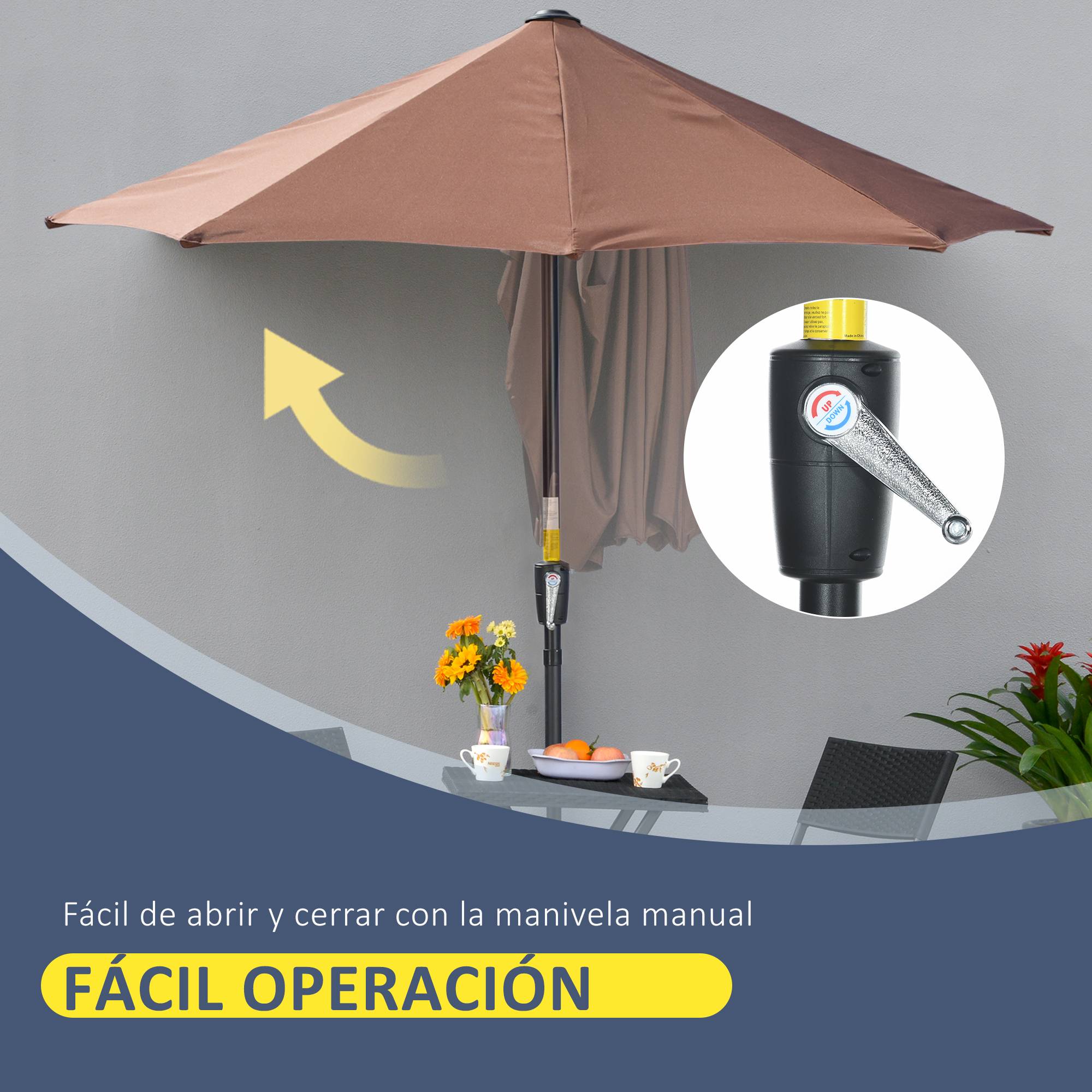 Parasol de terrasse 200 x 190 x 240 cm avec manivelle, mât en acier et base en croix anti-UV pour terrasse ou balcon, couleur café - Image 7