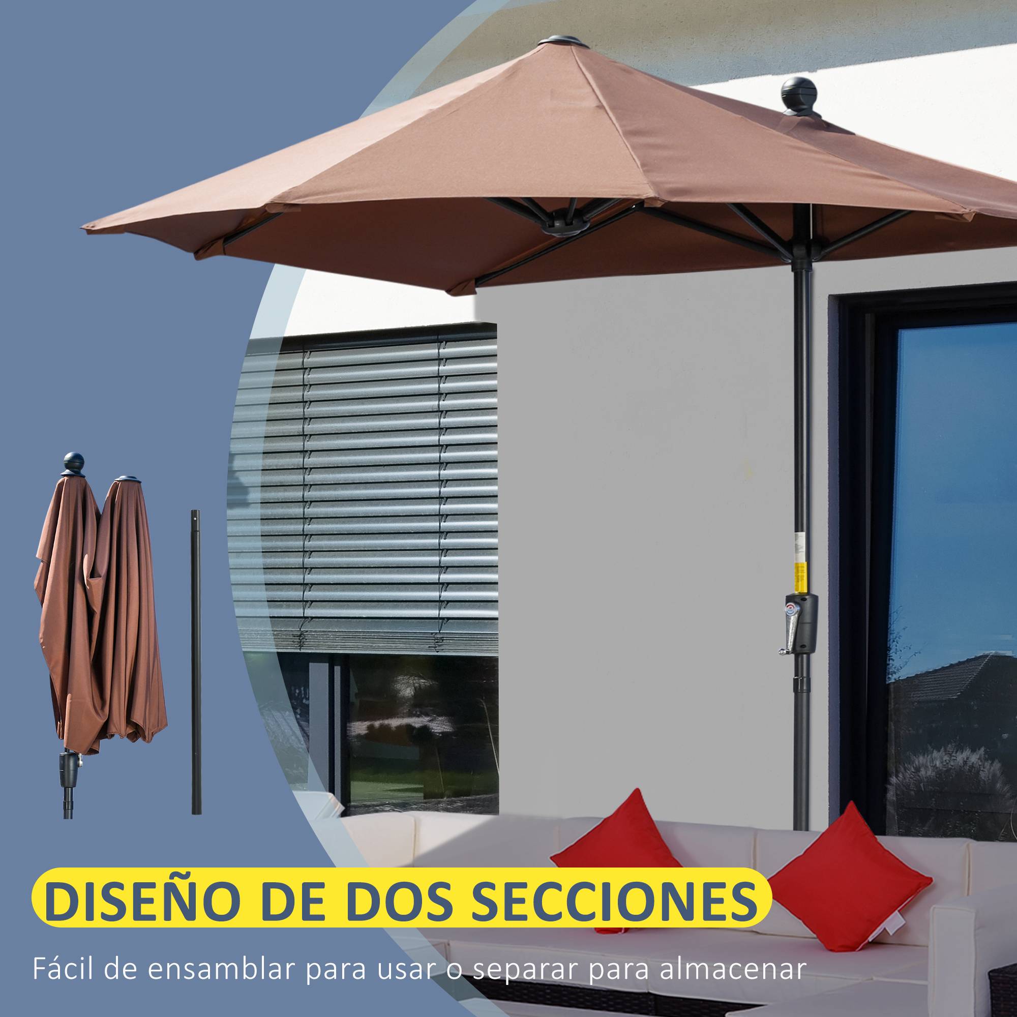 Parasol de terrasse 200 x 190 x 240 cm avec manivelle, mât en acier et base en croix anti-UV pour terrasse ou balcon, couleur café - Image 8