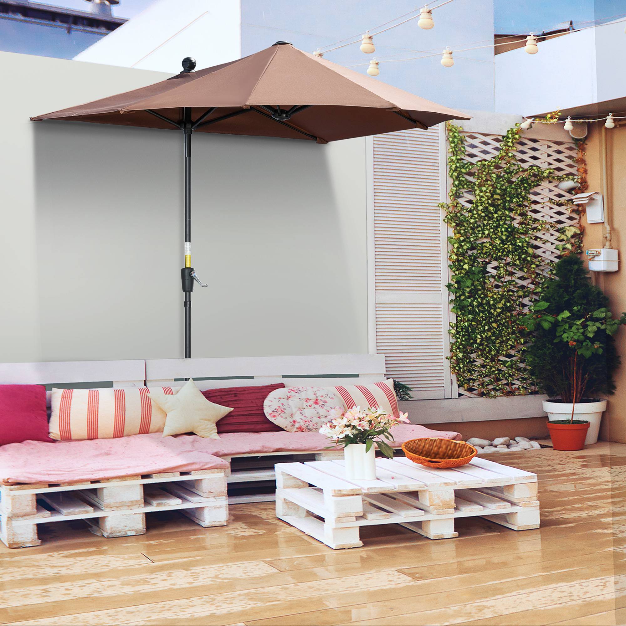 Parasol de terrasse 200 x 190 x 240 cm avec manivelle, mât en acier et base en croix anti-UV pour terrasse ou balcon, couleur café - Image 4