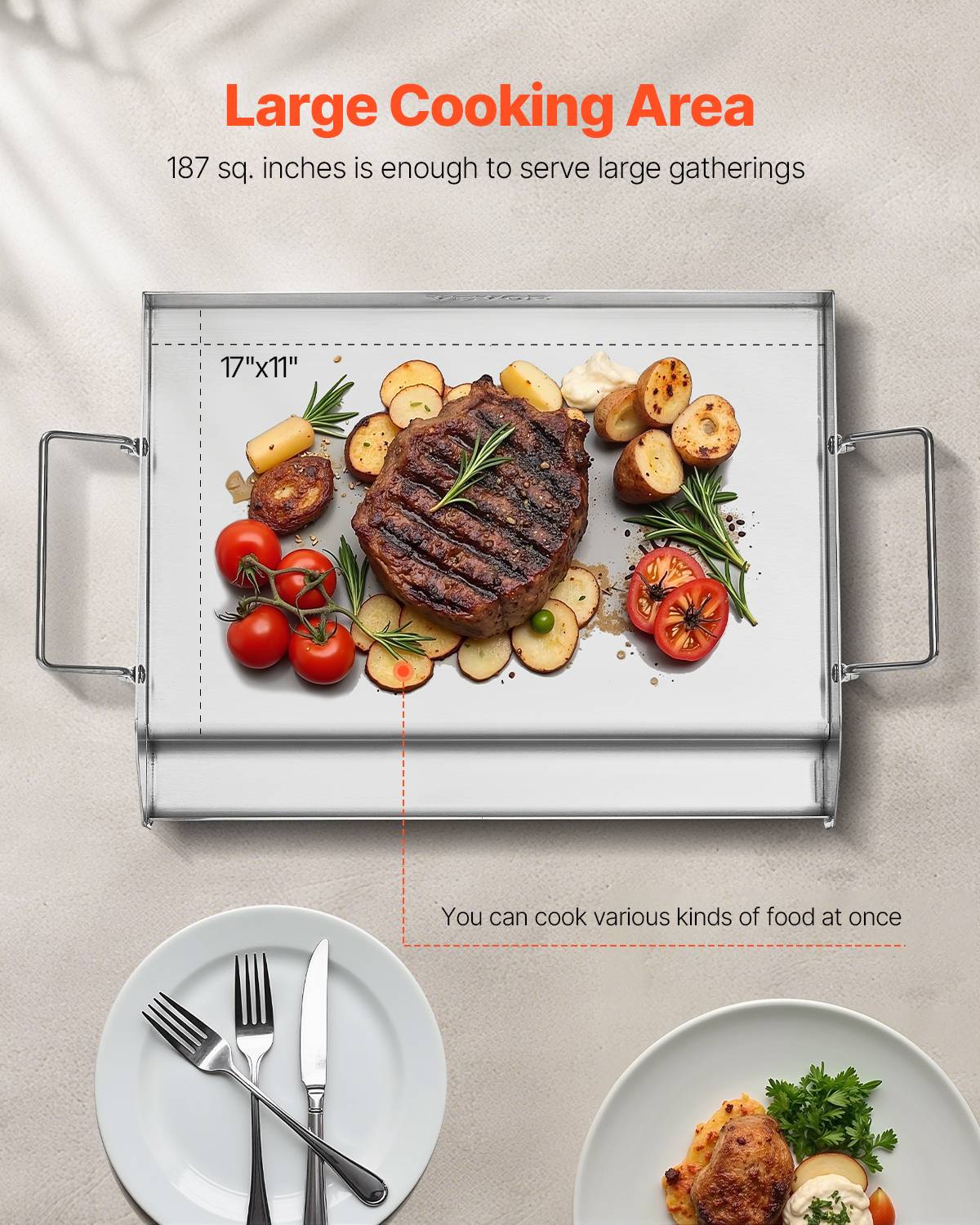 VEVOR Plaque de cuisson acier inox poêle à barbecue à dessus plat 425 x 270 mm - Image 4
