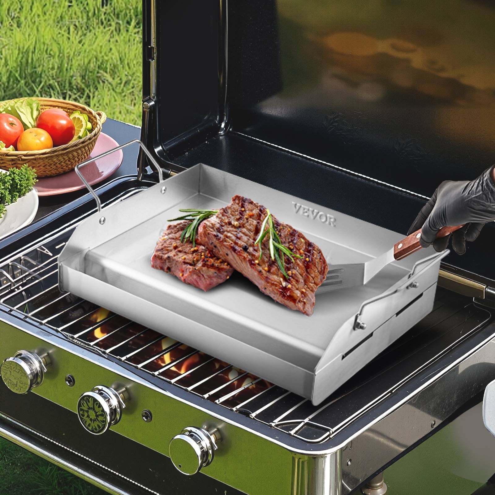 VEVOR Plaque de cuisson acier inox poêle à barbecue à dessus plat 425 x 270 mm - Image 8