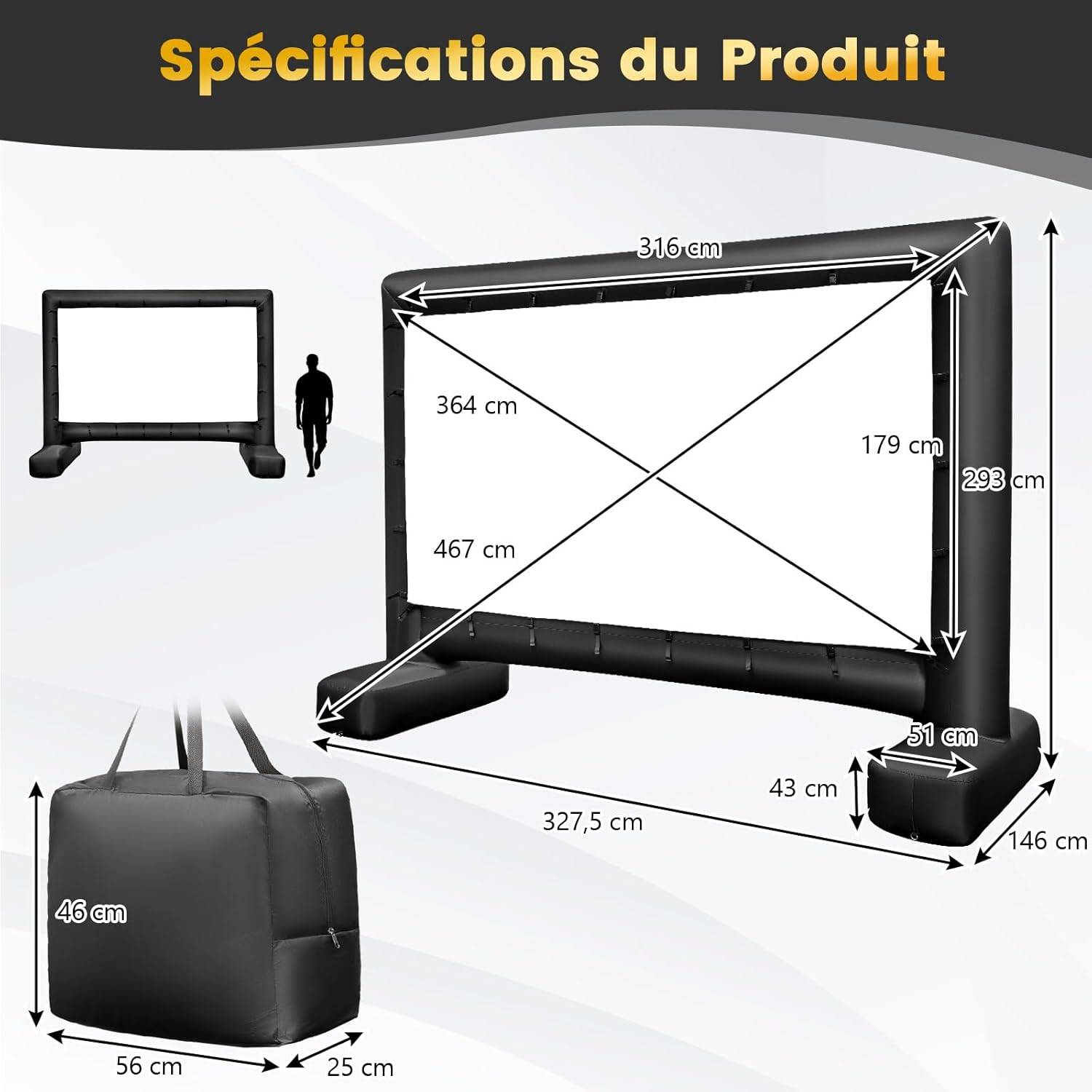 GYUEM Écran de projection gonflable d'extérieur avec corde, souffleur, piquets de tente, portable, idéal pour l'extérieur et l'intérieur, les fêtes, la piscine, regarder des films