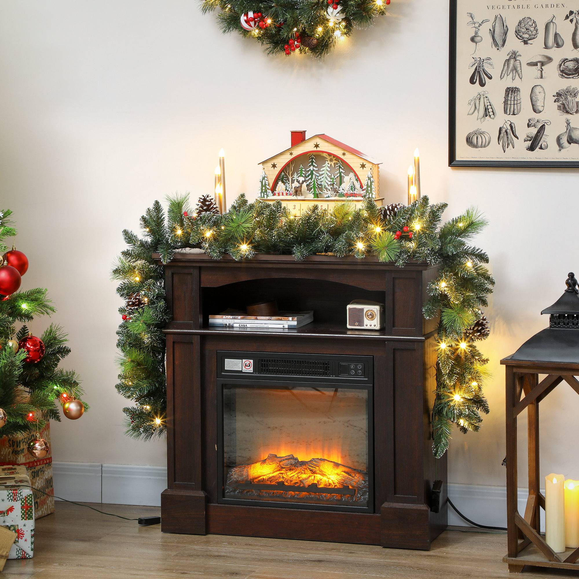 Guirlande de Noël de 180 cm avec branches enneigées, 30 lumières blanches, pommes de pin et baies pour l'intérieur - Image 3