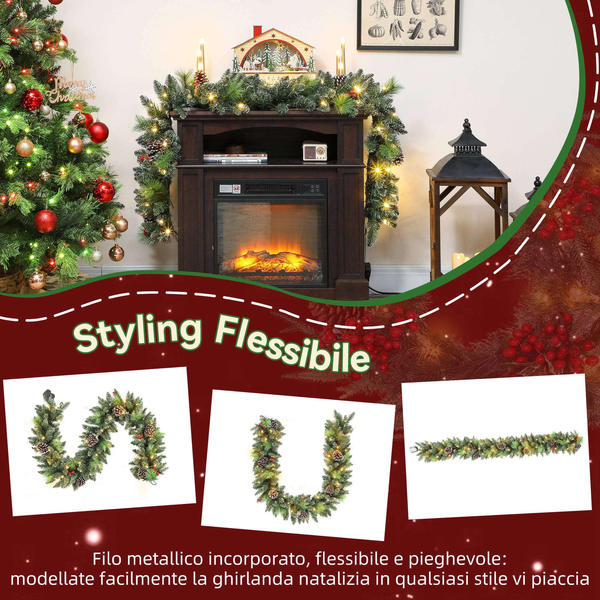 Guirlande de Noël de 180 cm avec branches enneigées, 30 lumières blanches, pommes de pin et baies pour l'intérieur - Image 9