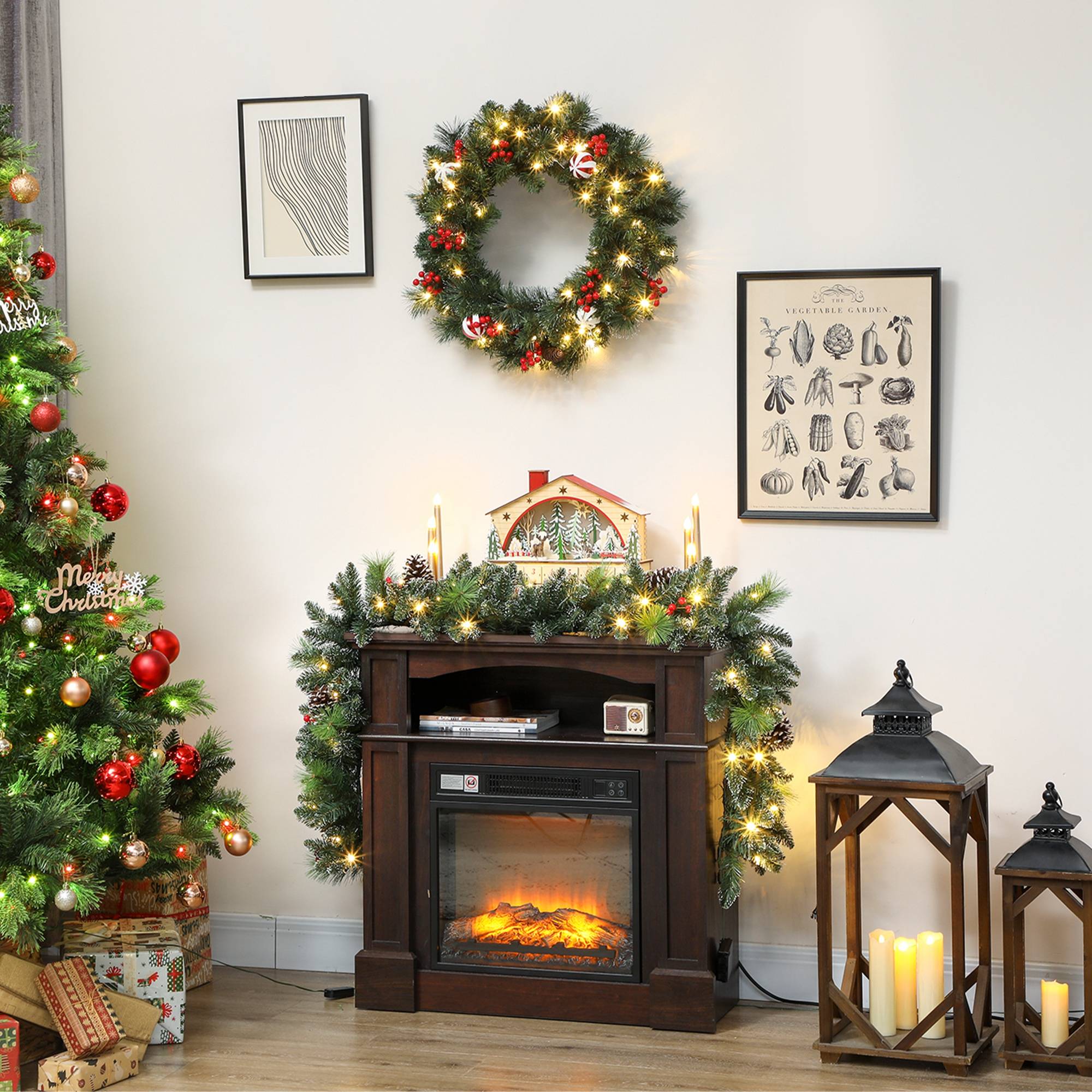 Guirlande de Noël de 180 cm avec branches enneigées, 30 lumières blanches, pommes de pin et baies pour l'intérieur - Image 10