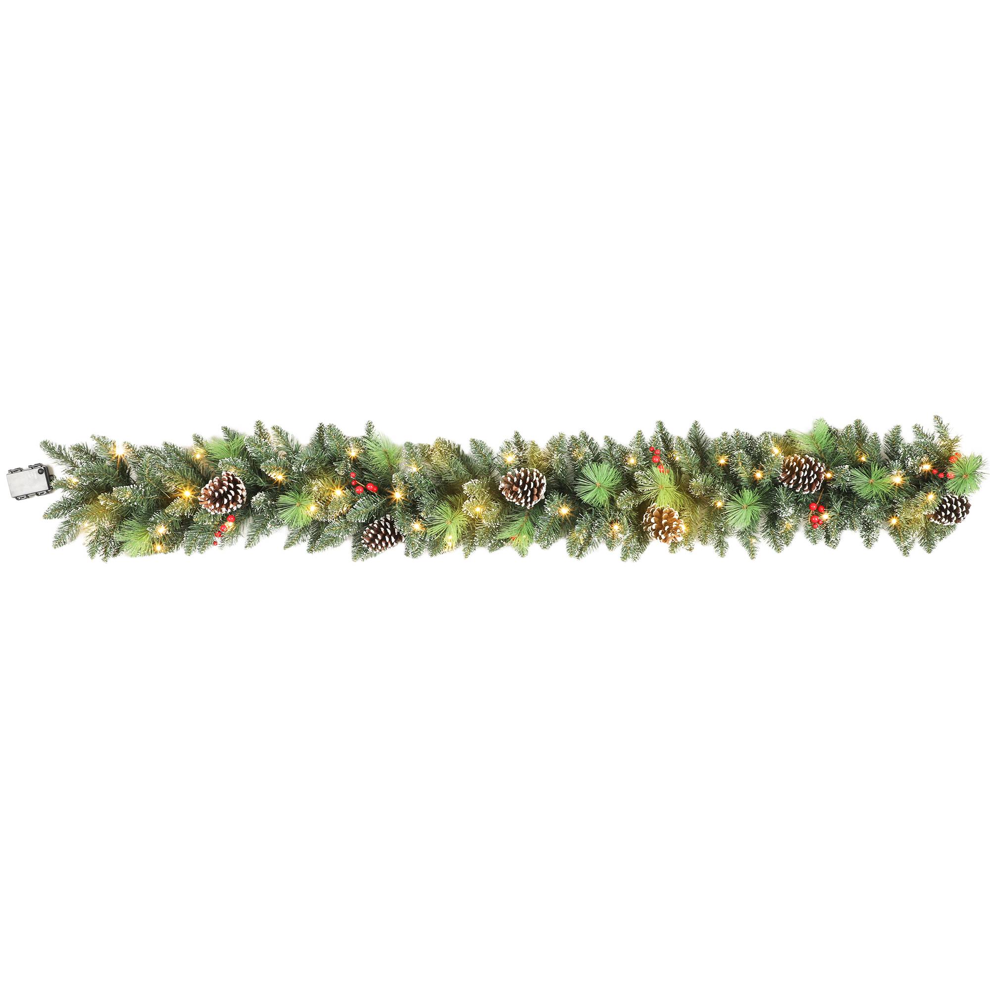 Guirlande de Noël de 180 cm avec branches enneigées, 30 lumières blanches, pommes de pin et baies pour l'intérieur - Image 2