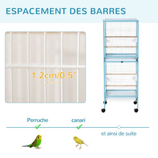 Grande cage oiseaux double en acier sur roulettes plateaux amovibles 51x50x140cm bleu - ComfortXL Outdoor Living - Image 9
