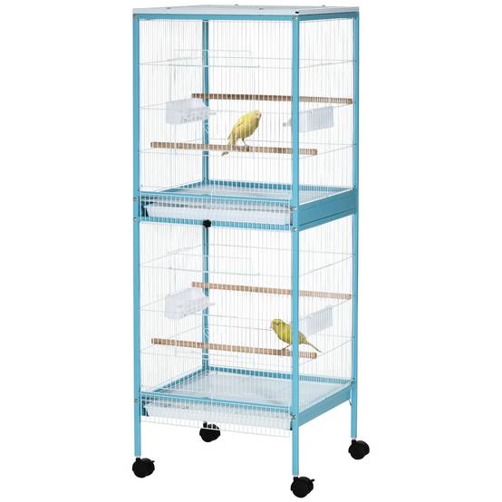 Grande cage oiseaux double en acier sur roulettes plateaux amovibles 51x50x140cm bleu - ComfortXL Outdoor Living - Image 2