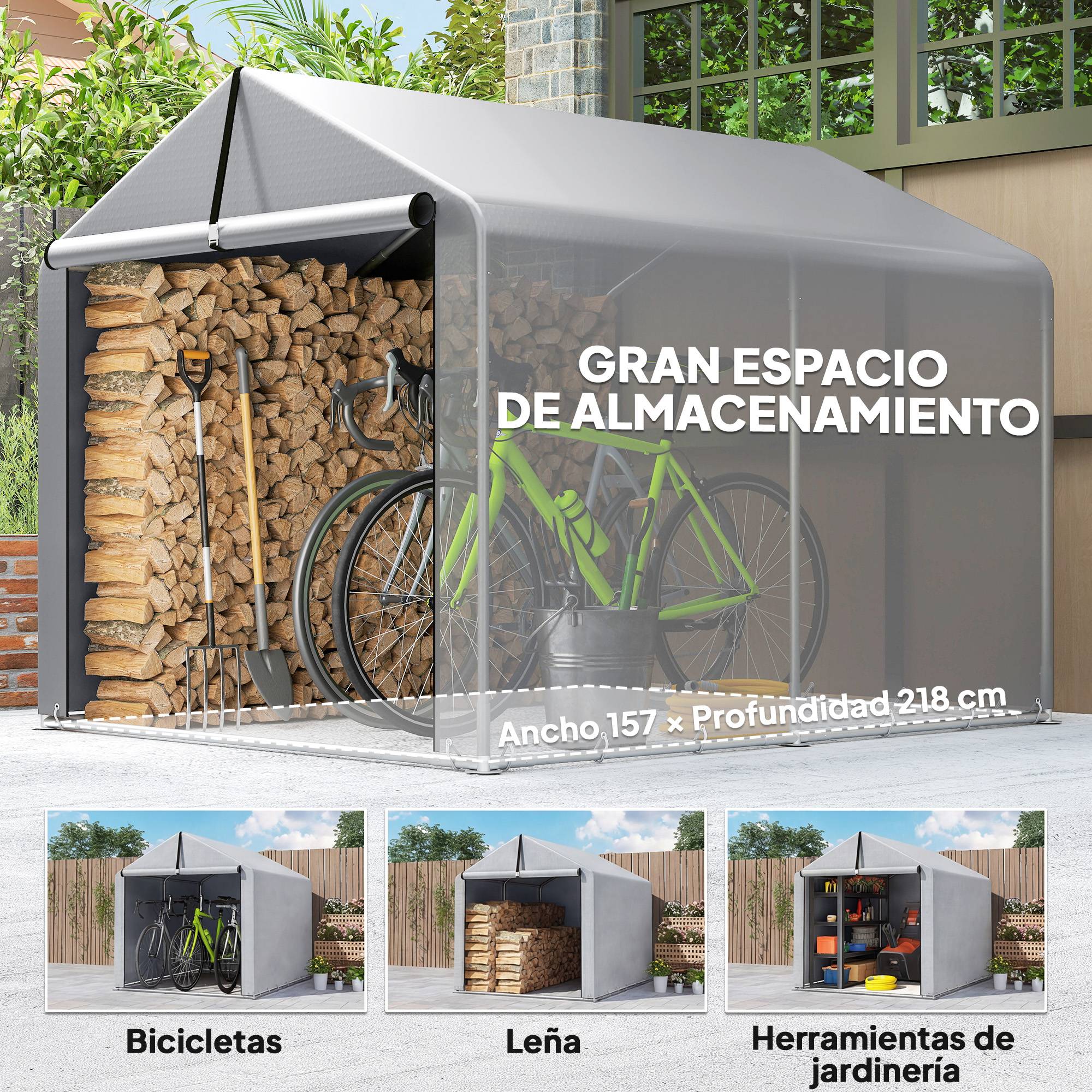 Abri de jardin extérieur pour outils et vélos, avec structure en acier galvanisé et porte enroulable, gris - Image 8