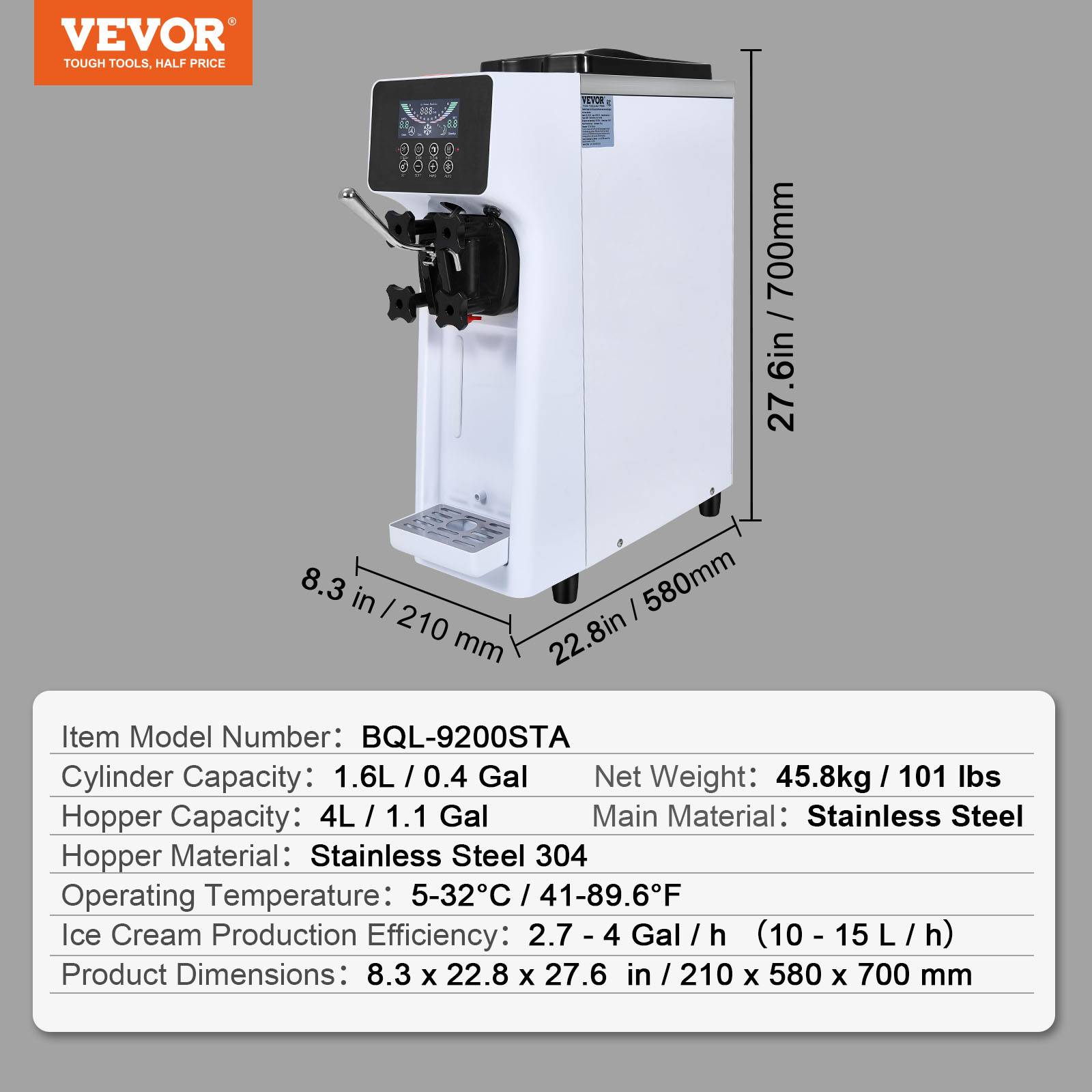 VEVOR Machine à crème glacée 10 L/h 900W, 1 saveur, trémie 4L, pré-refroidissement, auto-nettoyage. - Image 7