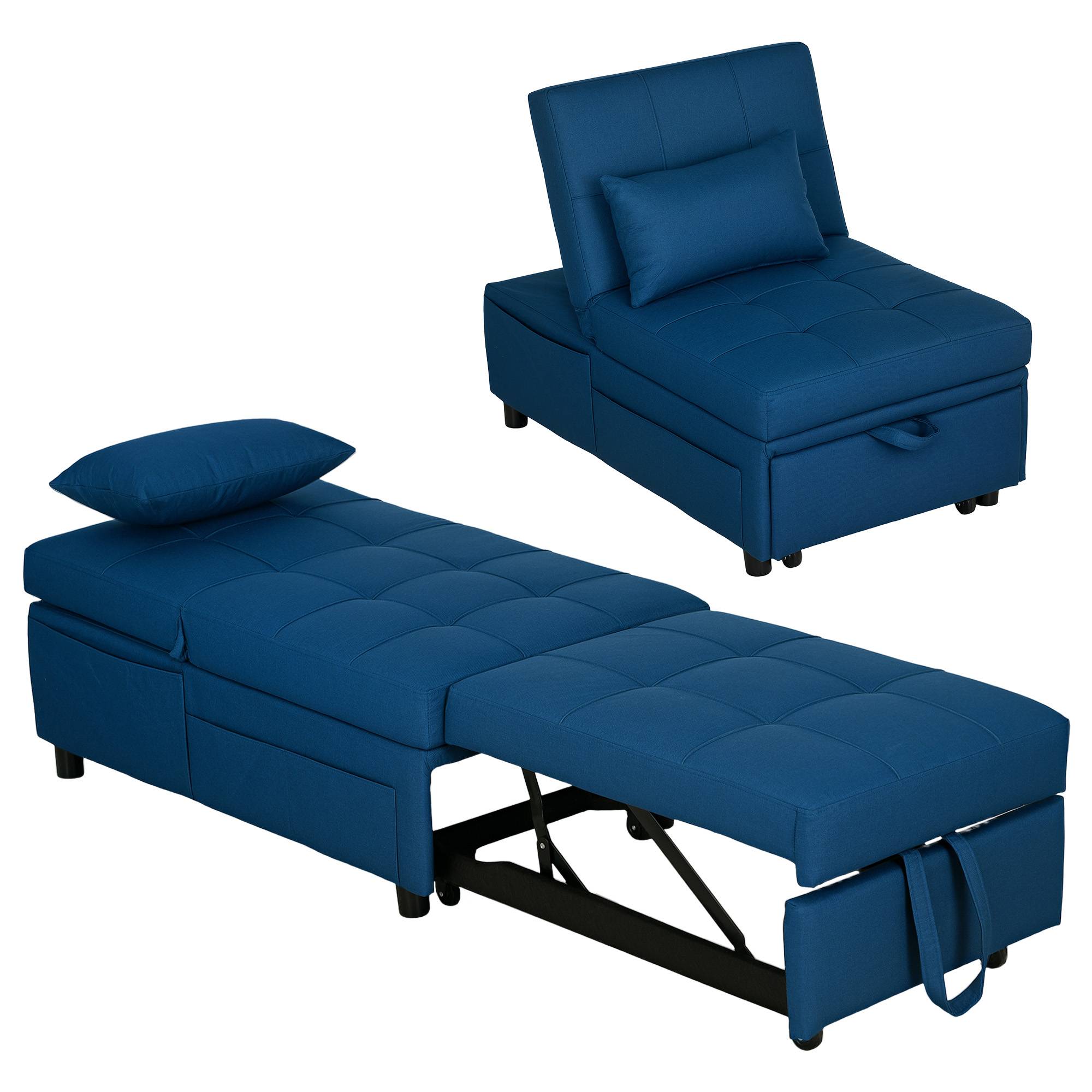 Fauteuil pliant 3 en 1 avec poche latérale, lit d'appoint avec oreiller, dossier réglable, fauteuil de lit à roulettes, bleu - Image 1