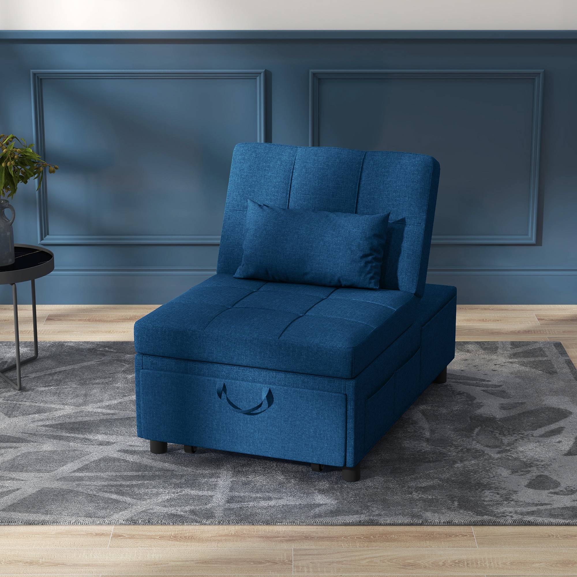 Fauteuil pliant 3 en 1 avec poche latérale, lit d'appoint avec oreiller, dossier réglable, fauteuil de lit à roulettes, bleu - Image 3