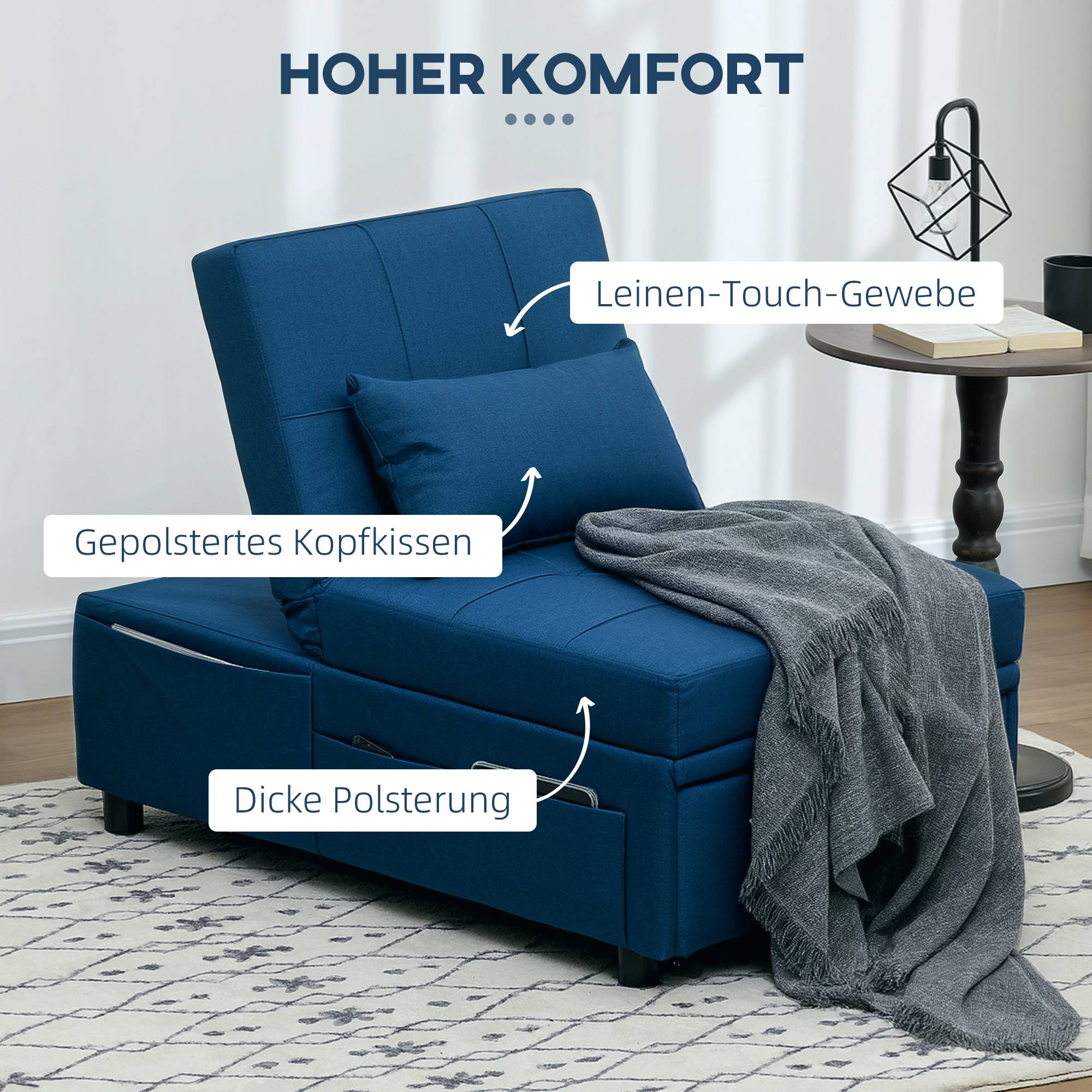 Fauteuil pliant 3 en 1 avec poche latérale, lit d'appoint avec oreiller, dossier réglable, fauteuil de lit à roulettes, bleu - Image 5