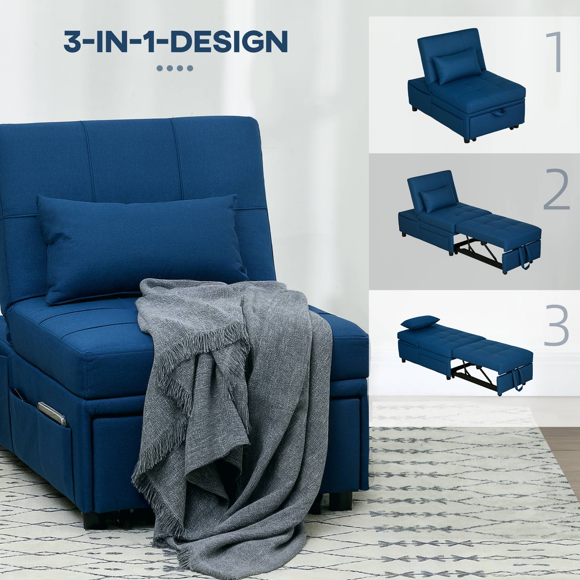 Fauteuil pliant 3 en 1 avec poche latérale, lit d'appoint avec oreiller, dossier réglable, fauteuil de lit à roulettes, bleu - Image 7