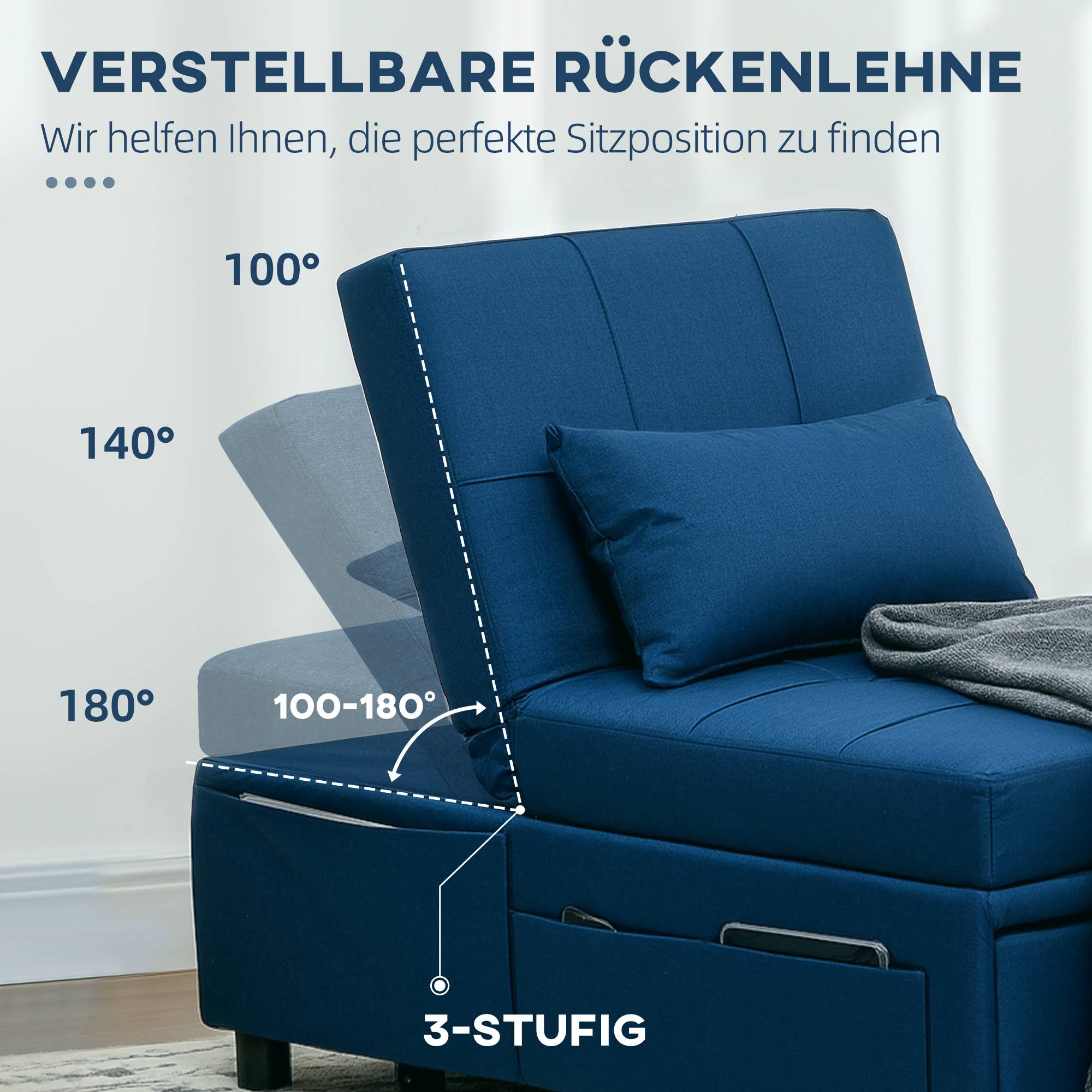 Fauteuil pliant 3 en 1 avec poche latérale, lit d'appoint avec oreiller, dossier réglable, fauteuil de lit à roulettes, bleu - Image 6