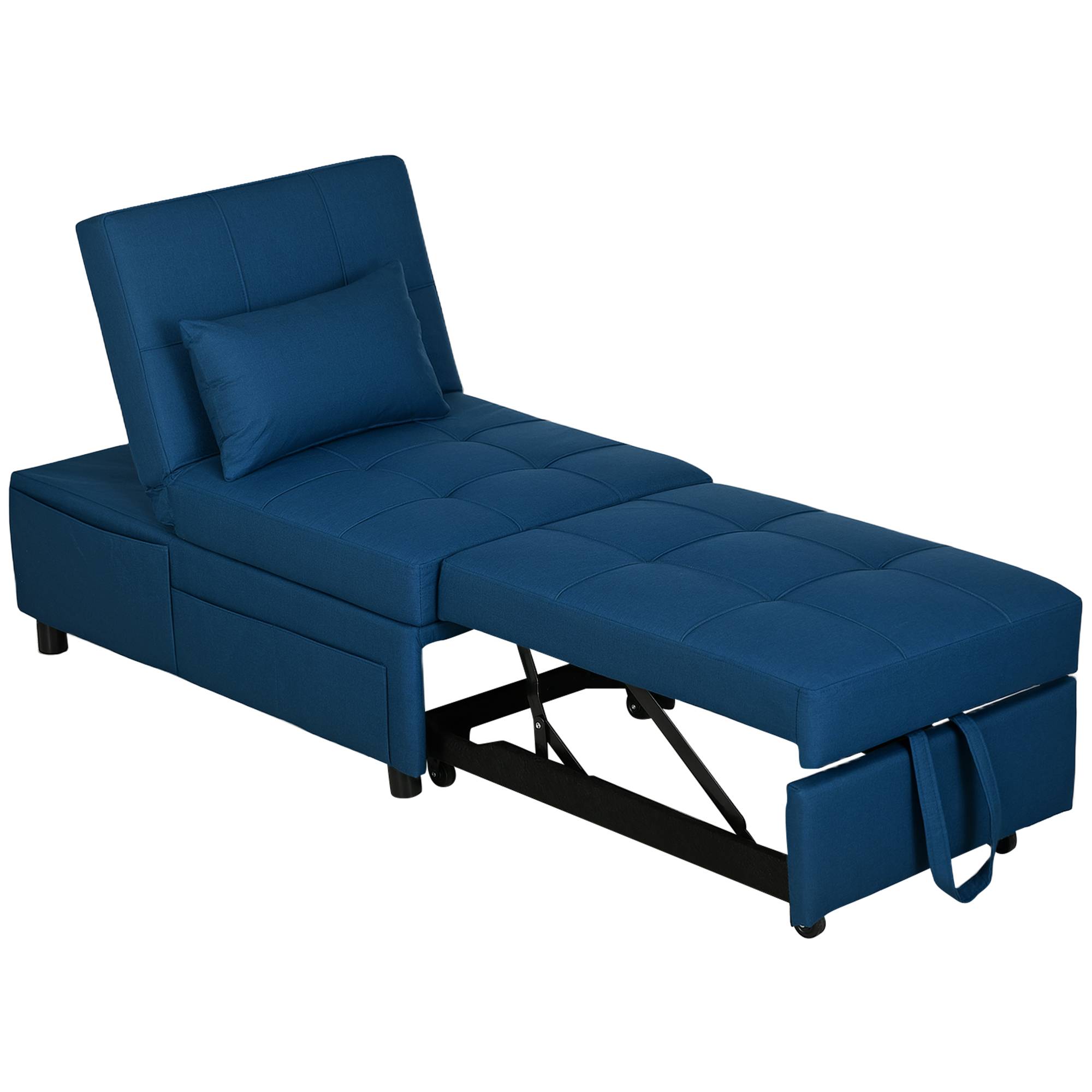 Fauteuil pliant 3 en 1 avec poche latérale, lit d'appoint avec oreiller, dossier réglable, fauteuil de lit à roulettes, bleu - Image 2