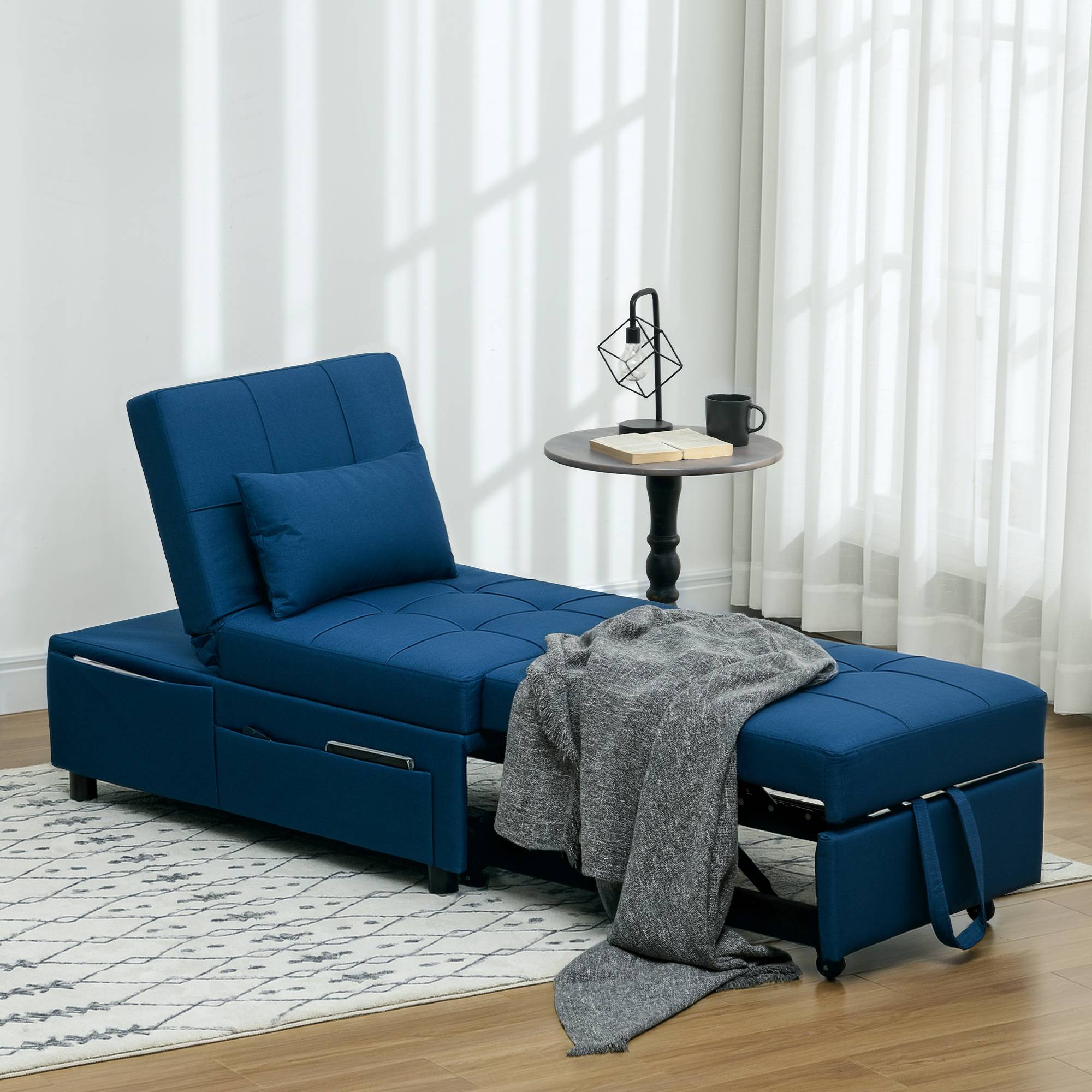 Fauteuil pliant 3 en 1 avec poche latérale, lit d'appoint avec oreiller, dossier réglable, fauteuil de lit à roulettes, bleu - Image 8