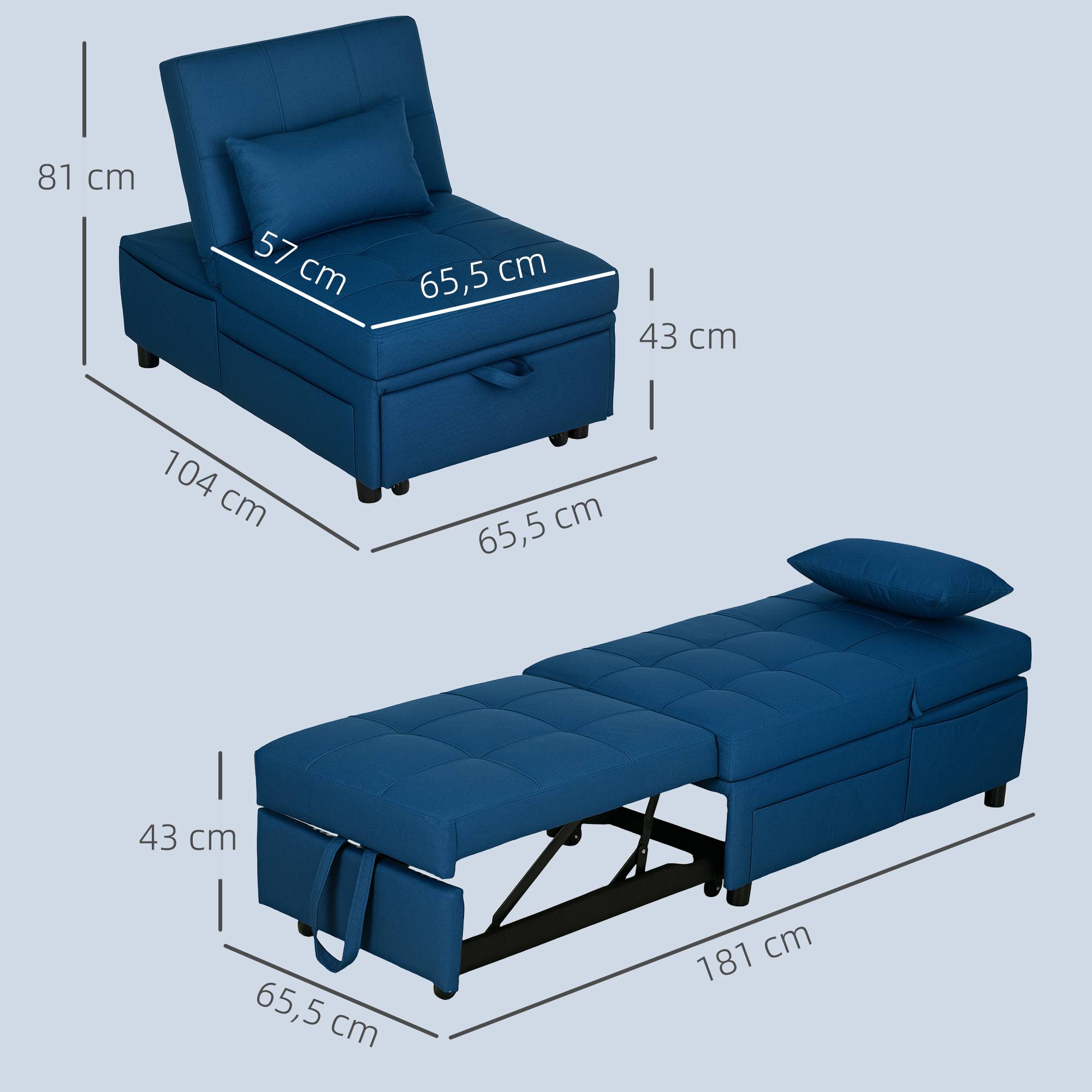 Fauteuil pliant 3 en 1 avec poche latérale, lit d'appoint avec oreiller, dossier réglable, fauteuil de lit à roulettes, bleu - Image 4