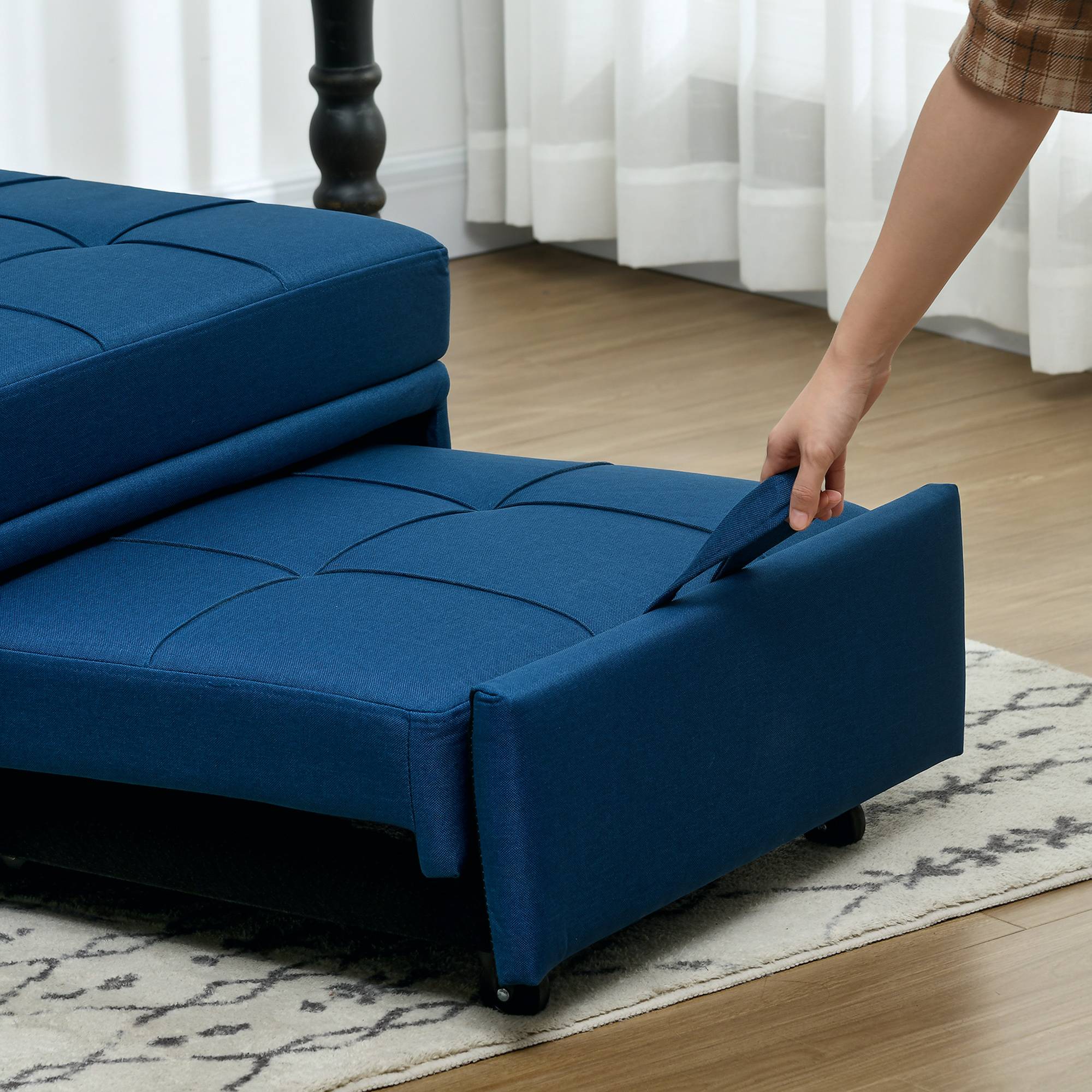 Fauteuil pliant 3 en 1 avec poche latérale, lit d'appoint avec oreiller, dossier réglable, fauteuil de lit à roulettes, bleu - Image 9