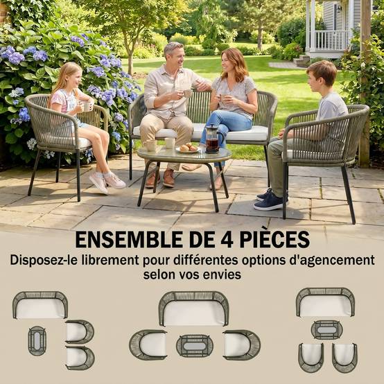 ComfortXL - Salon de Jardin 4 Places Corde Tressée Extérieur Canapé Table Verre Ovale Crème - ComfortXL Outdoor Living - Image 6