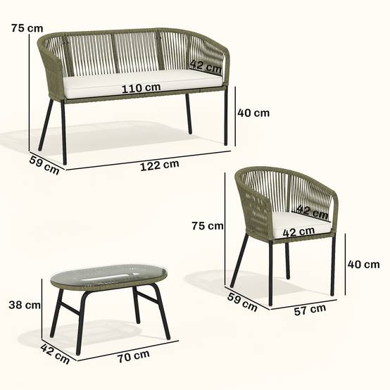 ComfortXL - Salon de Jardin 4 Places Corde Tressée Extérieur Canapé Table Verre Ovale Crème - ComfortXL Outdoor Living - Image 5