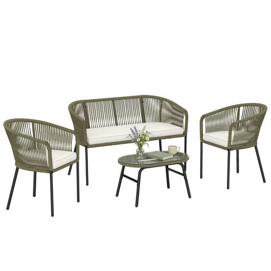 ComfortXL - Salon de Jardin 4 Places Corde Tressée Extérieur Canapé Table Verre Ovale Crème - ComfortXL Outdoor Living - Image 1