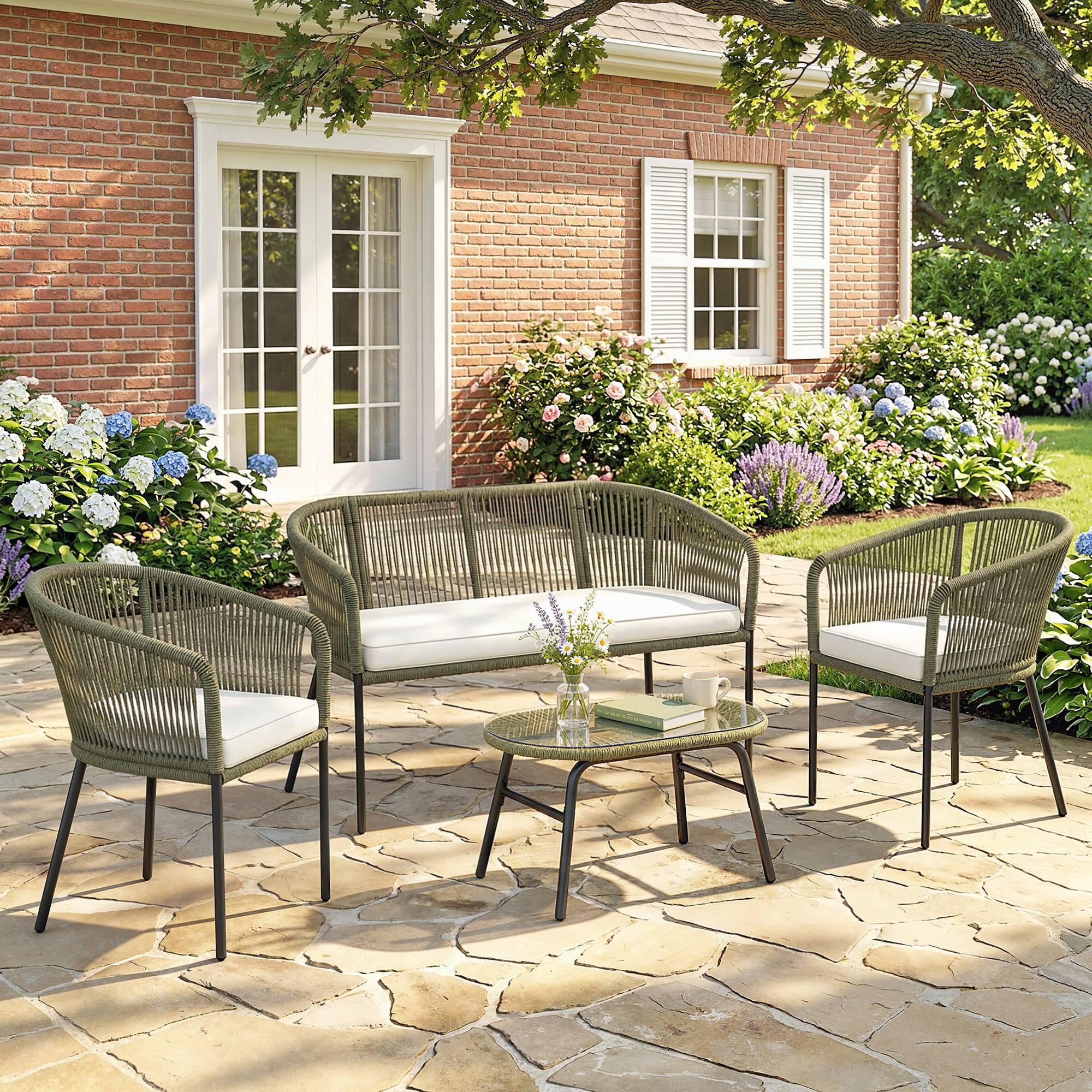 ComfortXL - Salon de Jardin 4 Places Corde Tressée Extérieur Canapé Table Verre Ovale Crème - ComfortXL Outdoor Living - Image 3