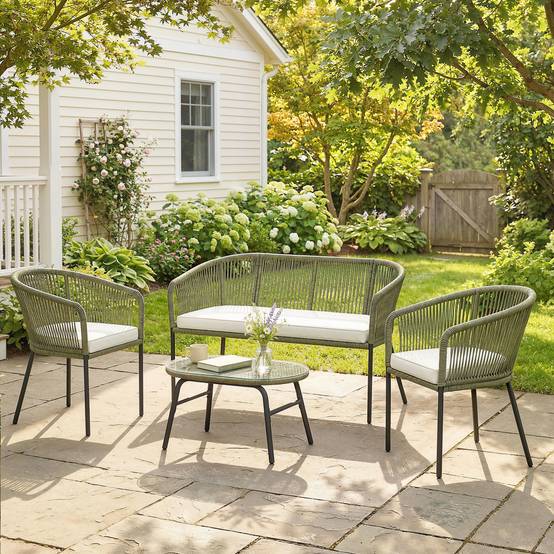 ComfortXL - Salon de Jardin 4 Places Corde Tressée Extérieur Canapé Table Verre Ovale Crème - ComfortXL Outdoor Living - Image 4