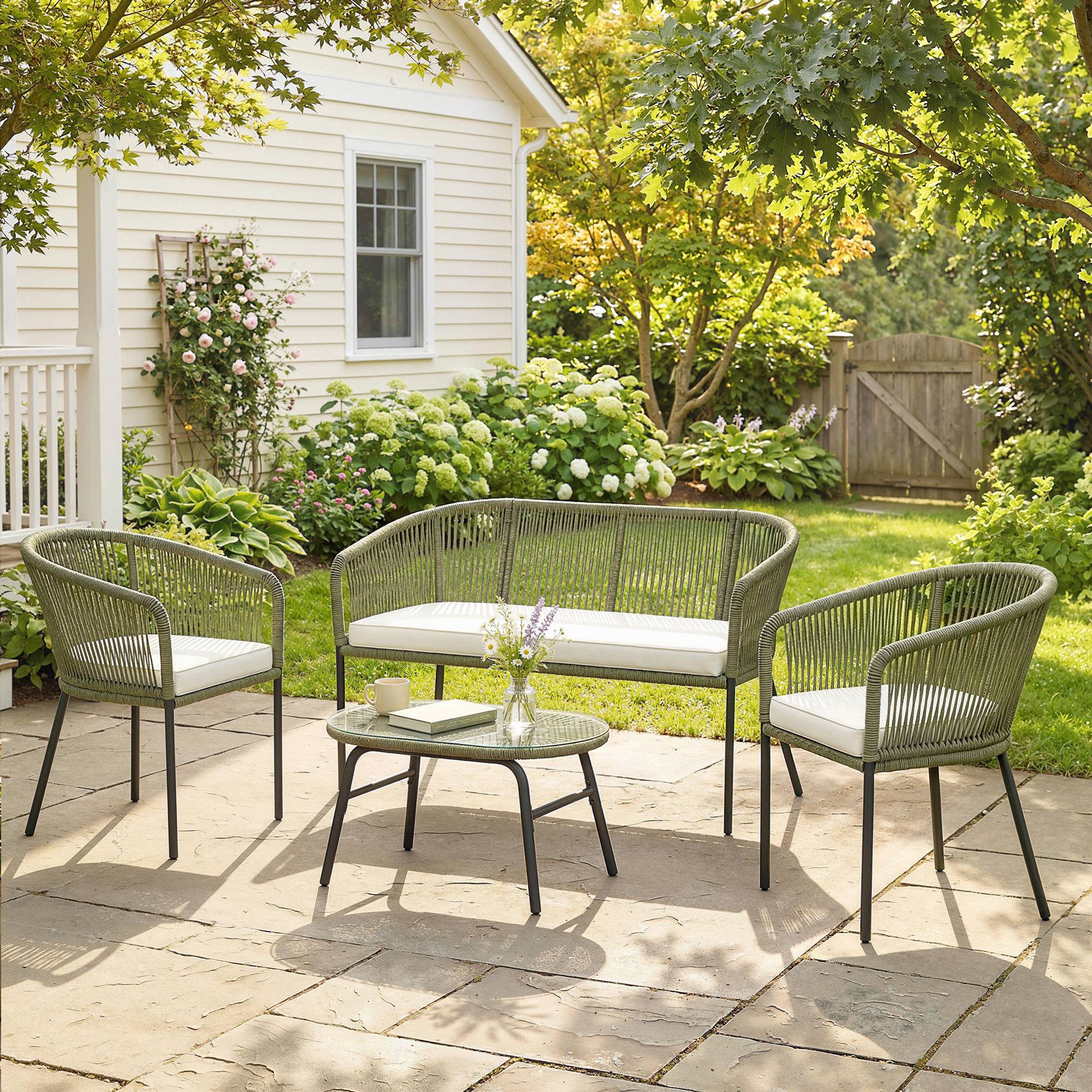 ComfortXL - Salon de Jardin 4 Places Corde Tressée Extérieur Canapé Table Verre Ovale Crème - ComfortXL Outdoor Living - Image 4