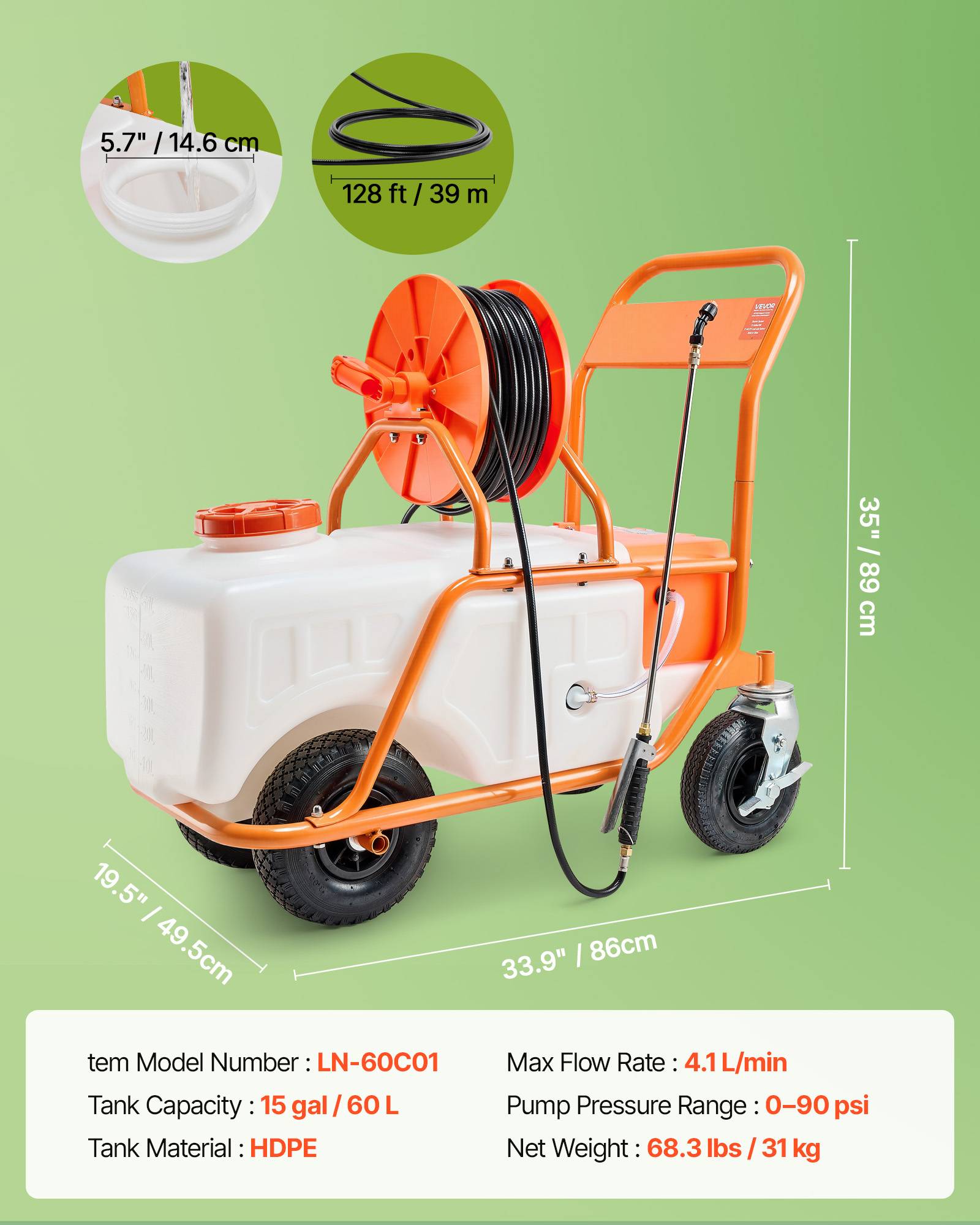 VEVOR Pulvérisateur sur roue 60L, pression 0-90 PSI, 8 buses, 2 baguettes, pour jardin et désherbage. - Image 7
