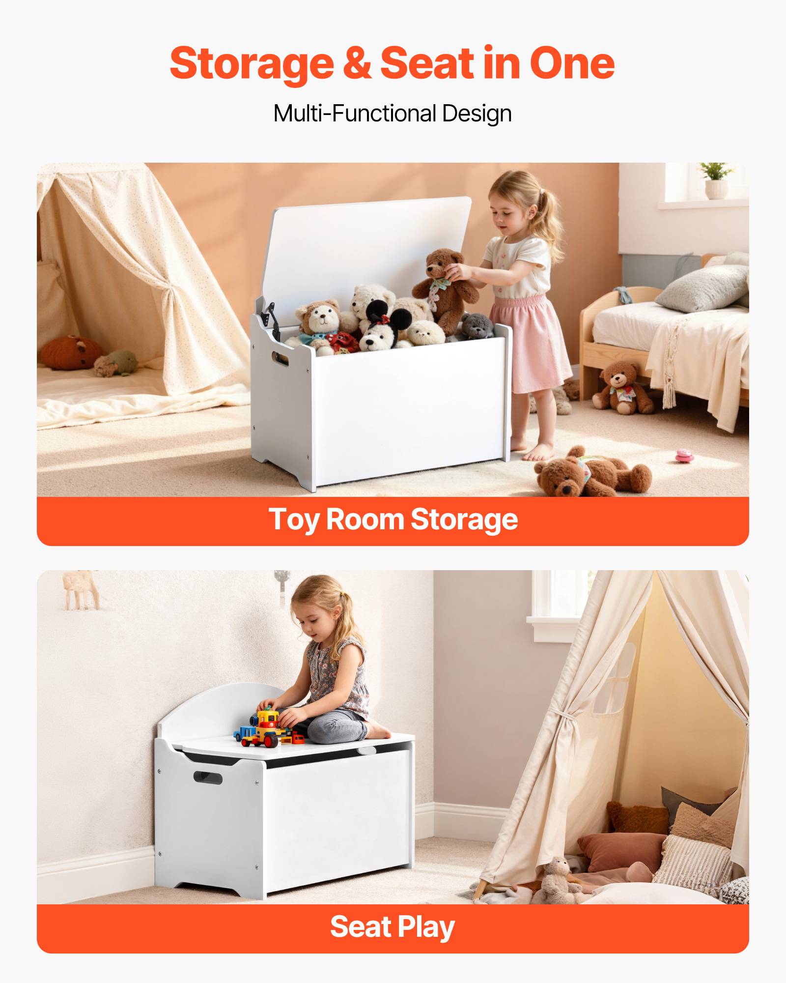 Vevor - VEVOR Banc coffre pour enfants 597x368x545 mm, MDF blanc, dossier intégré et charnières de sécurité, rangement jouets pour chambre et salon - Image 3