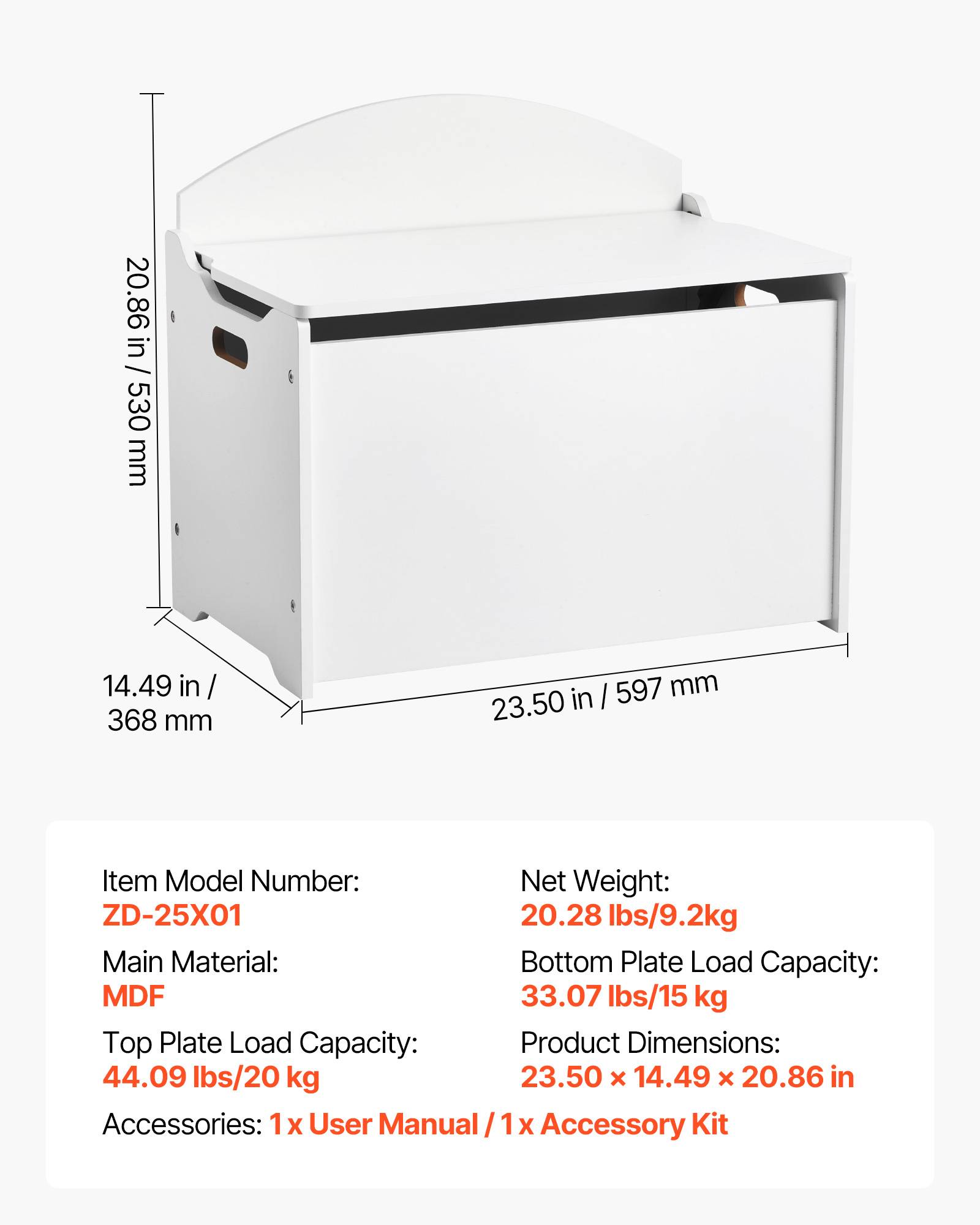 Vevor - VEVOR Banc coffre pour enfants 597x368x545 mm, MDF blanc, dossier intégré et charnières de sécurité, rangement jouets pour chambre et salon - Image 6
