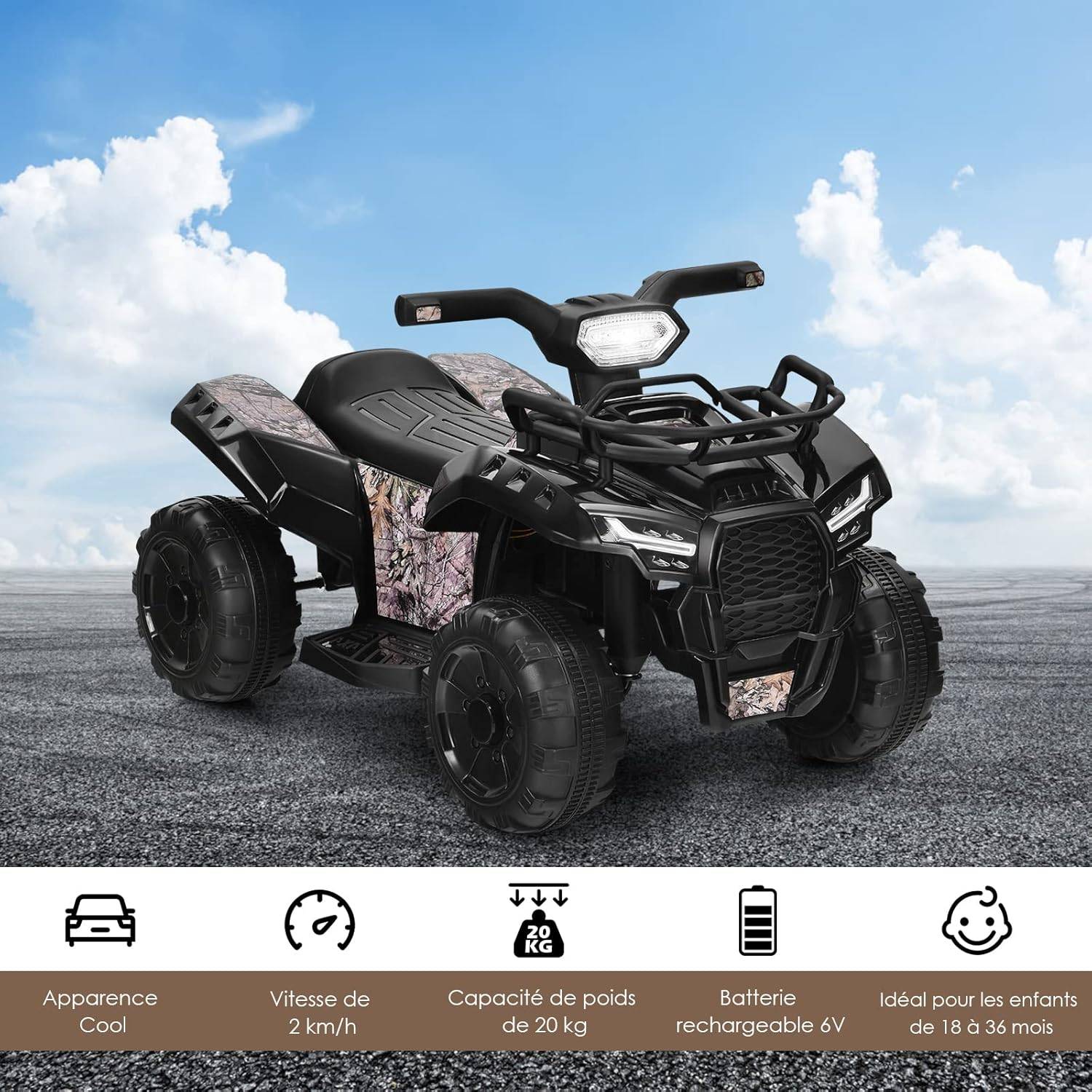 Quad Électrique Enfants avec 4 Roues Antidérapantes,Charge 20 KG 18-36Mois Noir - Image 1