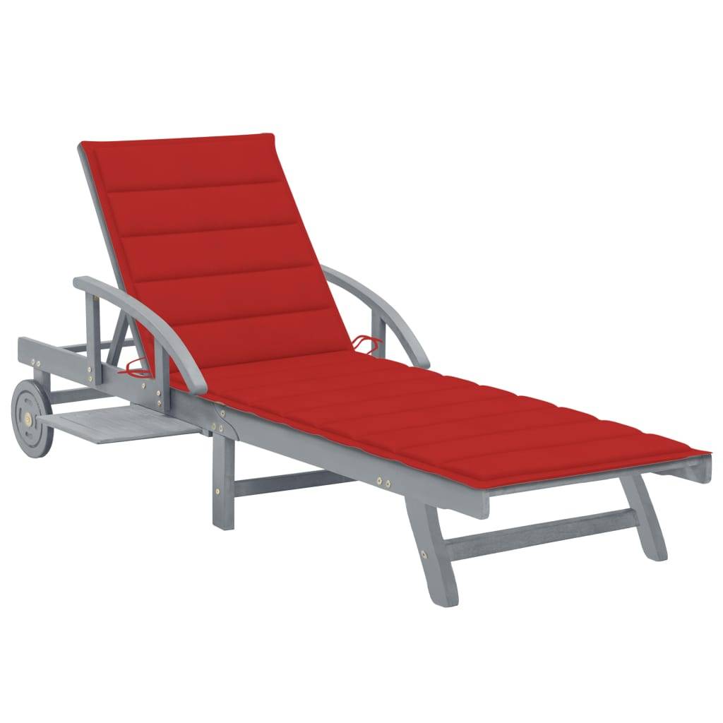 Bain de Soleil Terrasse Bois Acacia Gris Massif Tablette Latérale Coussin Rouge – ComfortXL Outdoor Living - Image 1