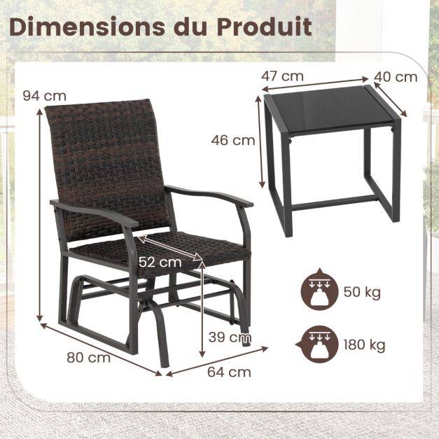 Helloshop26 - Meubles 3 pièces de patio coulissants charge 180 kg salon de jardin 2 fauteuils en rotin avec mousse à séchage rapide en verre trempé marron - Image 6