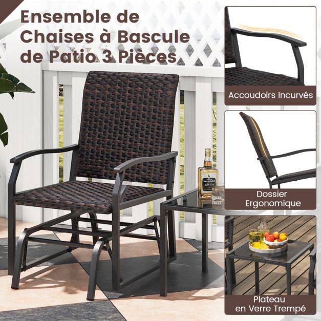 Helloshop26 - Meubles 3 pièces de patio coulissants charge 180 kg salon de jardin 2 fauteuils en rotin avec mousse à séchage rapide en verre trempé marron - Image 4