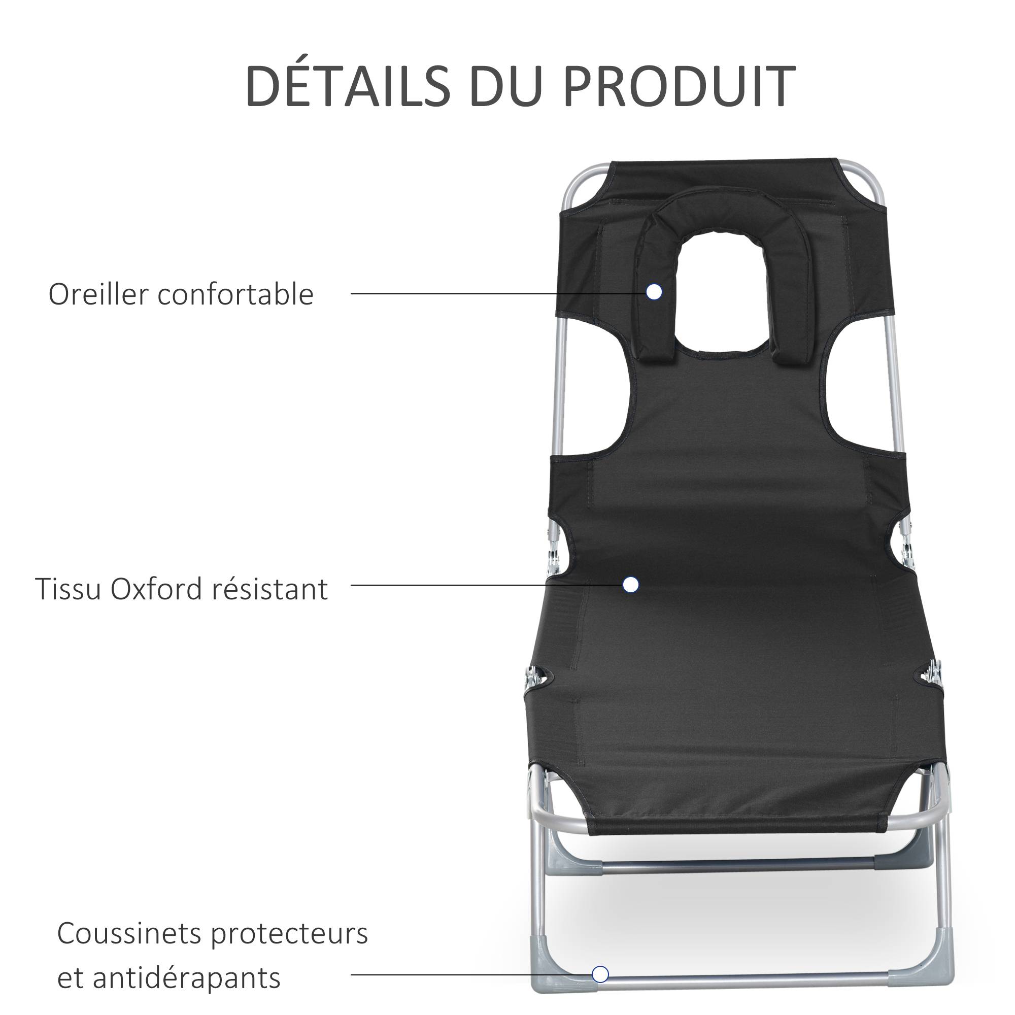 Outsunny - Bain de soleil pliable inclinable 4 positions - espace visage rembourré - acier oxford noir - Outsunny - Image 7