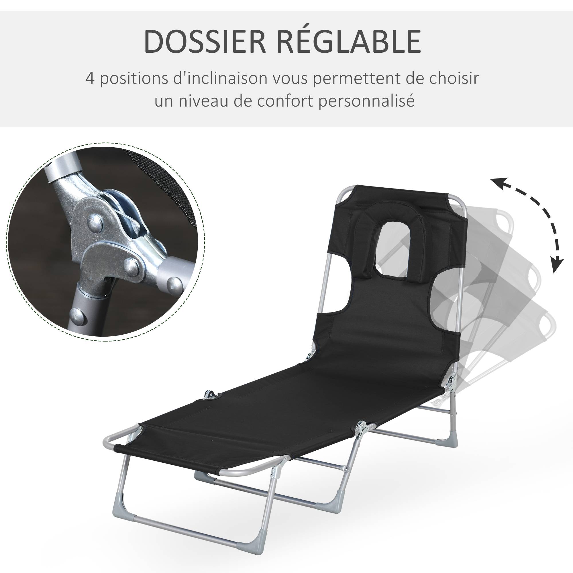 Outsunny - Bain de soleil pliable inclinable 4 positions - espace visage rembourré - acier oxford noir - Outsunny - Image 5