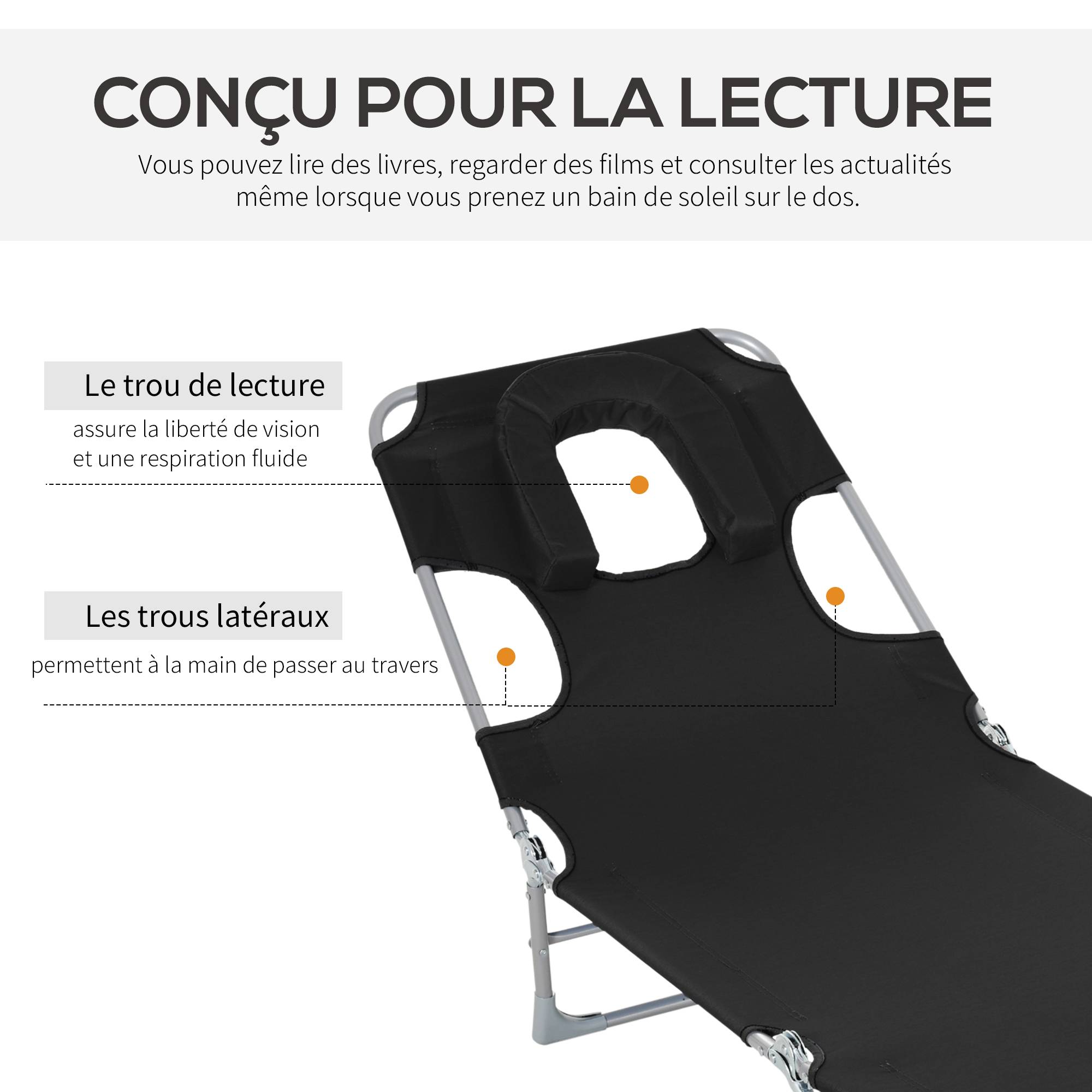 Outsunny - Bain de soleil pliable inclinable 4 positions - espace visage rembourré - acier oxford noir - Outsunny - Image 4