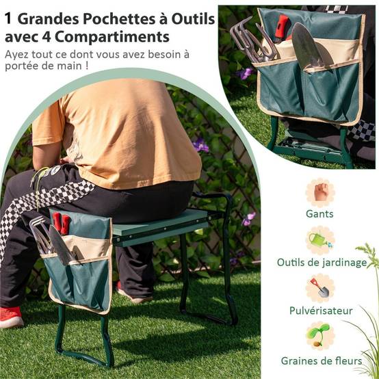 GOPLUS Tabouret De Jardin Métal Avec Roues - Siège Pivotant Réglable Hauteur 150kg Vert